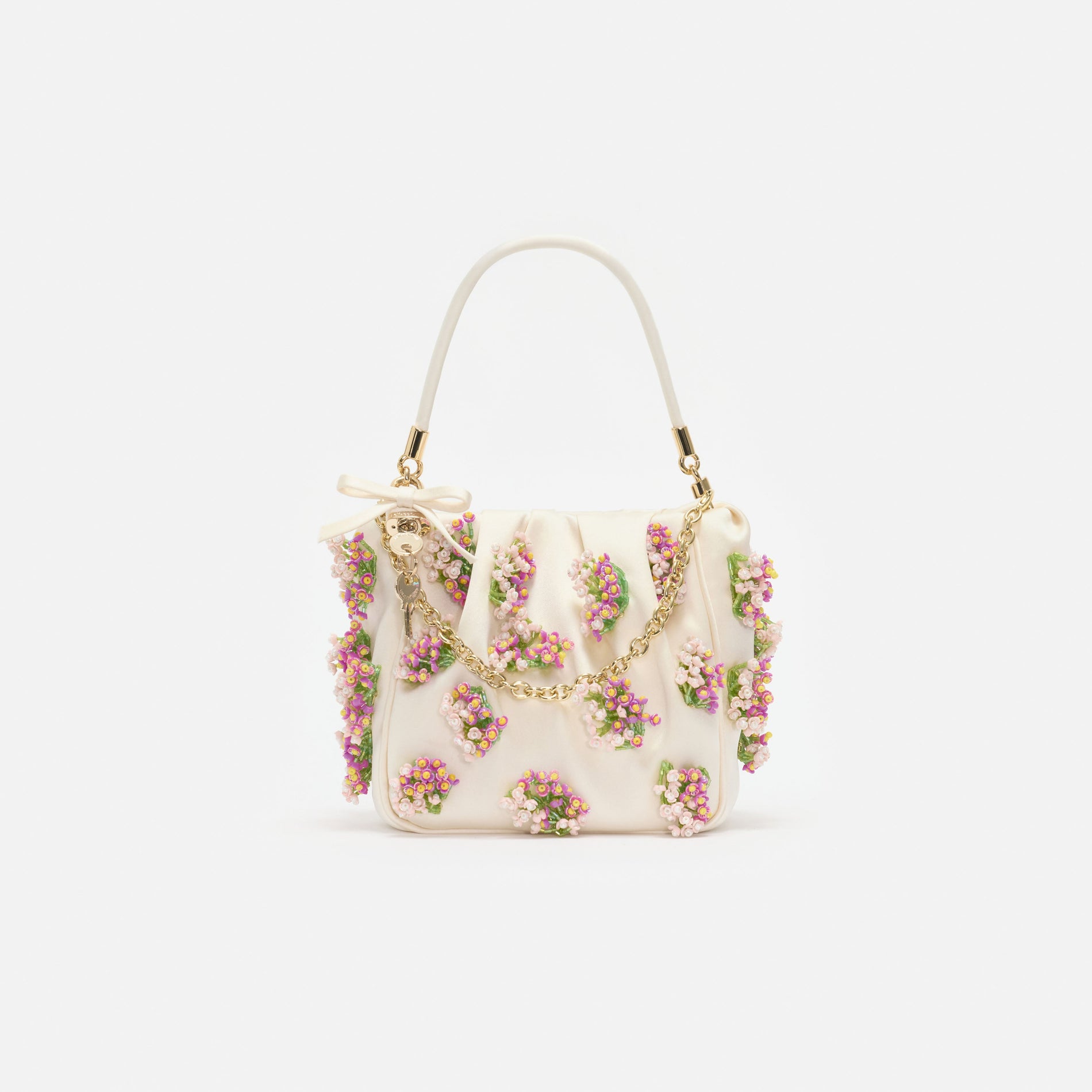 Cream Satin Floral Beaded Tote Bag