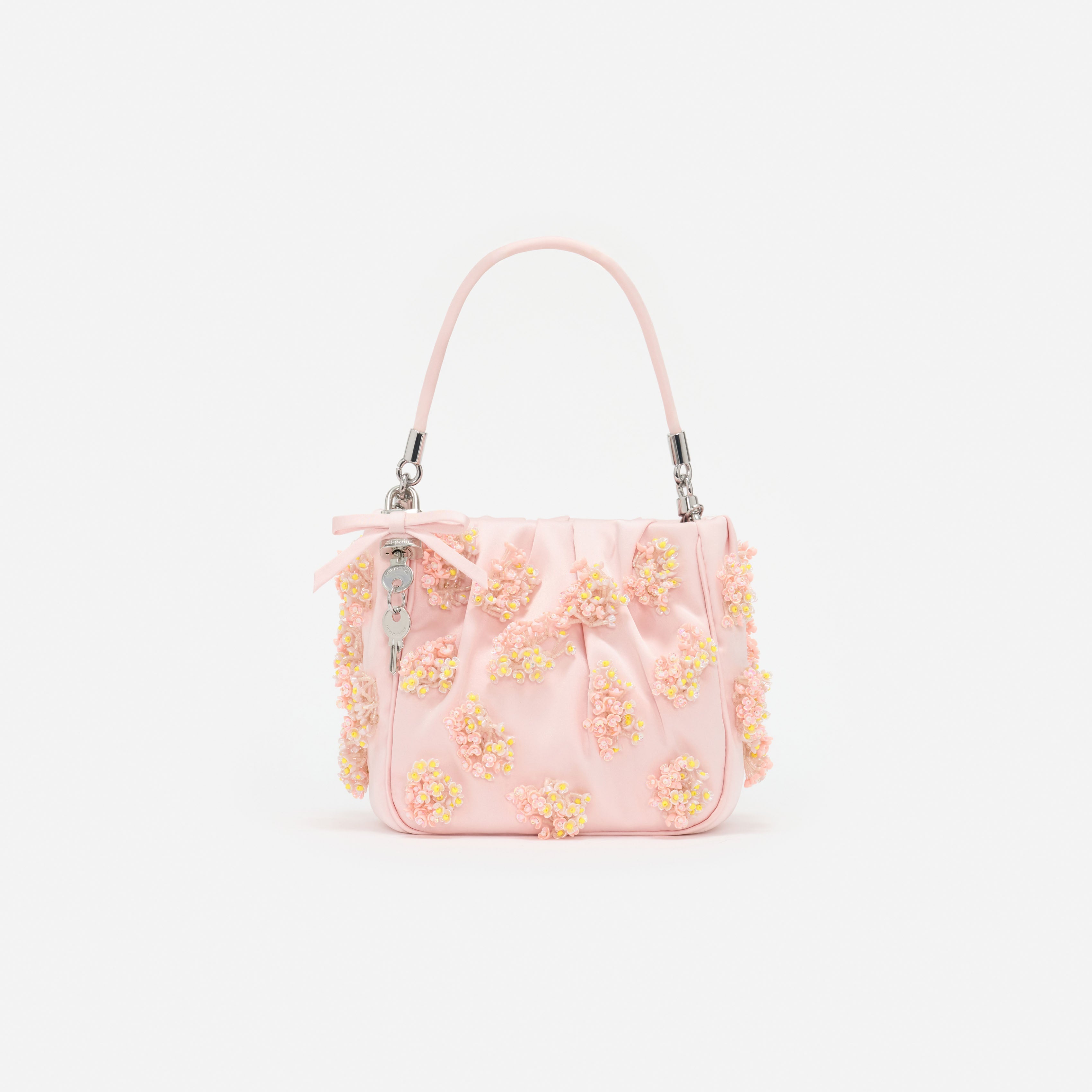 Pink Satin Floral Beaded Tote Bag