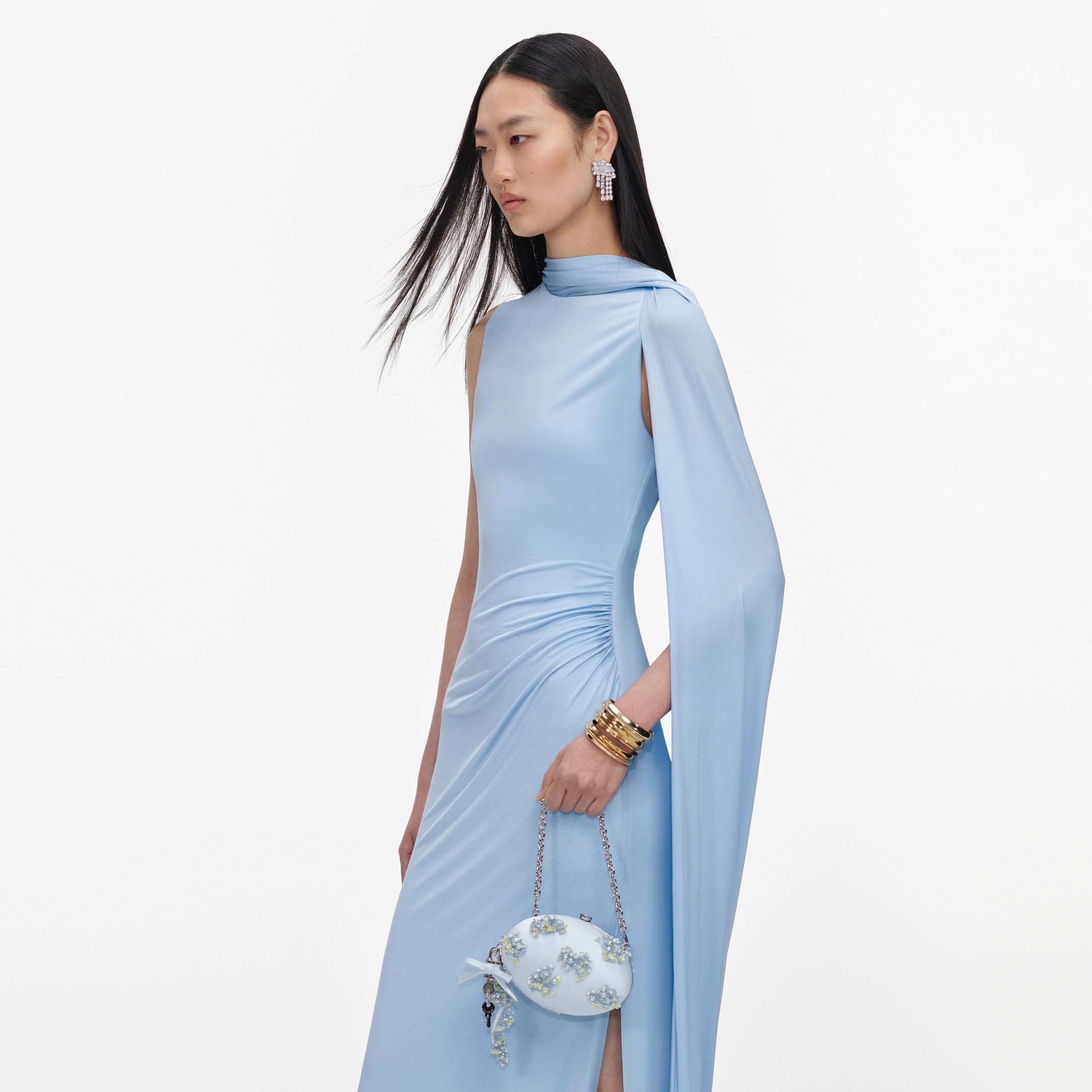 Blue Satin Floral Beaded Oval Clutch