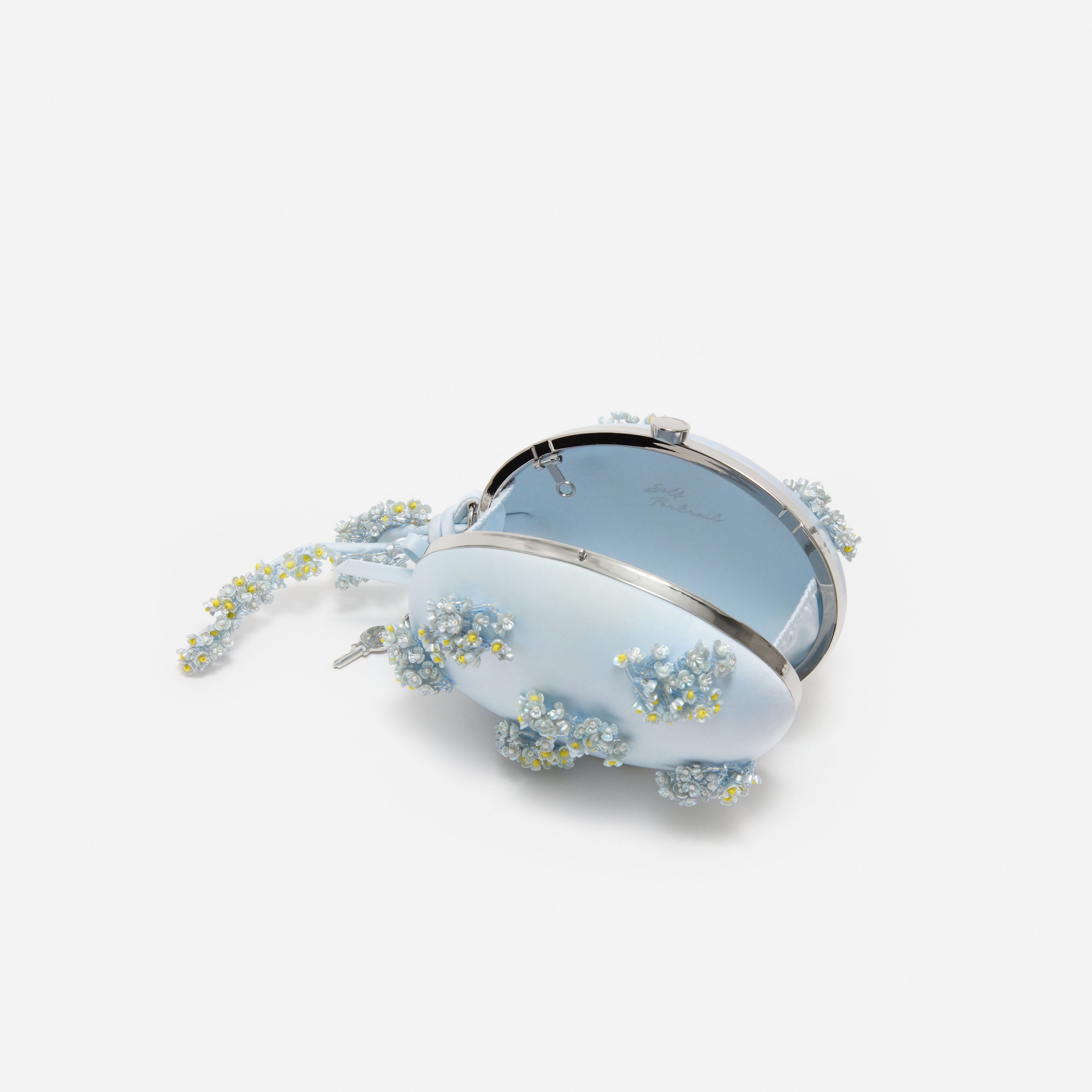 Blue Satin Floral Beaded Oval Clutch