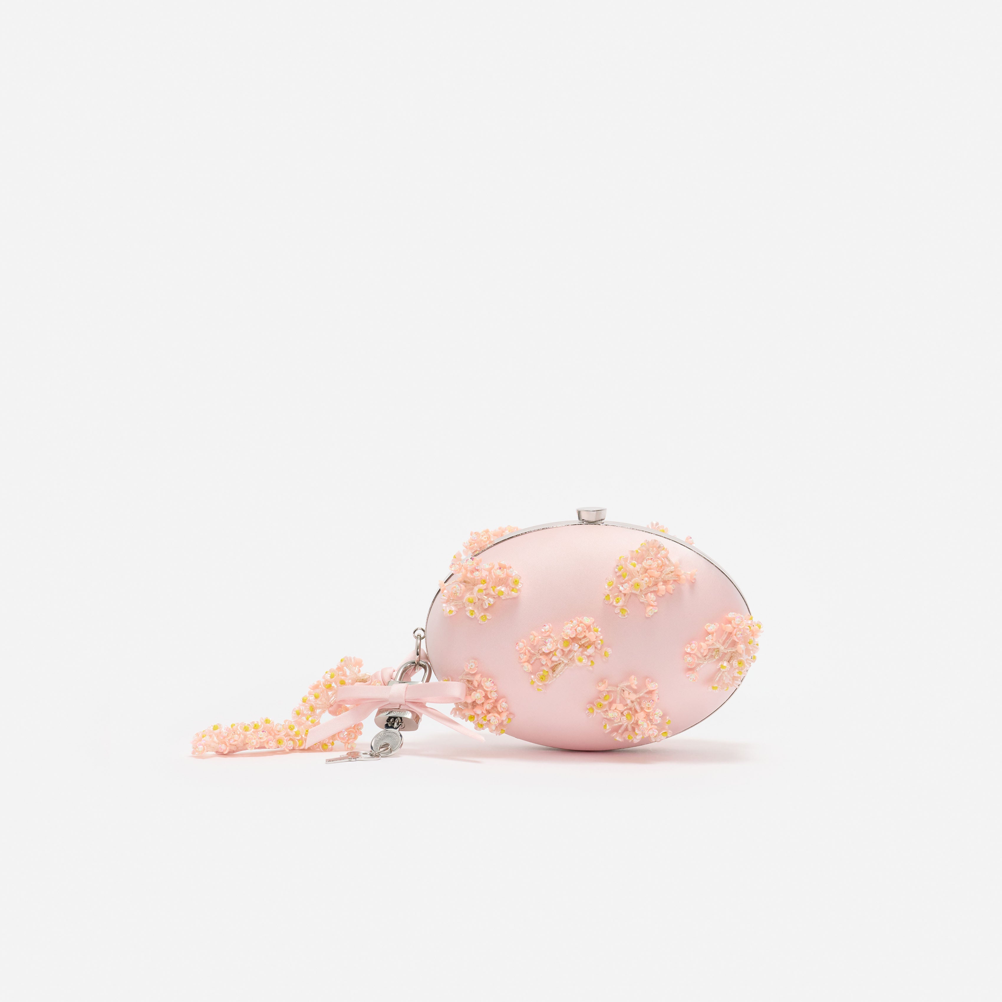Pink Satin Floral Beaded Oval Clutch