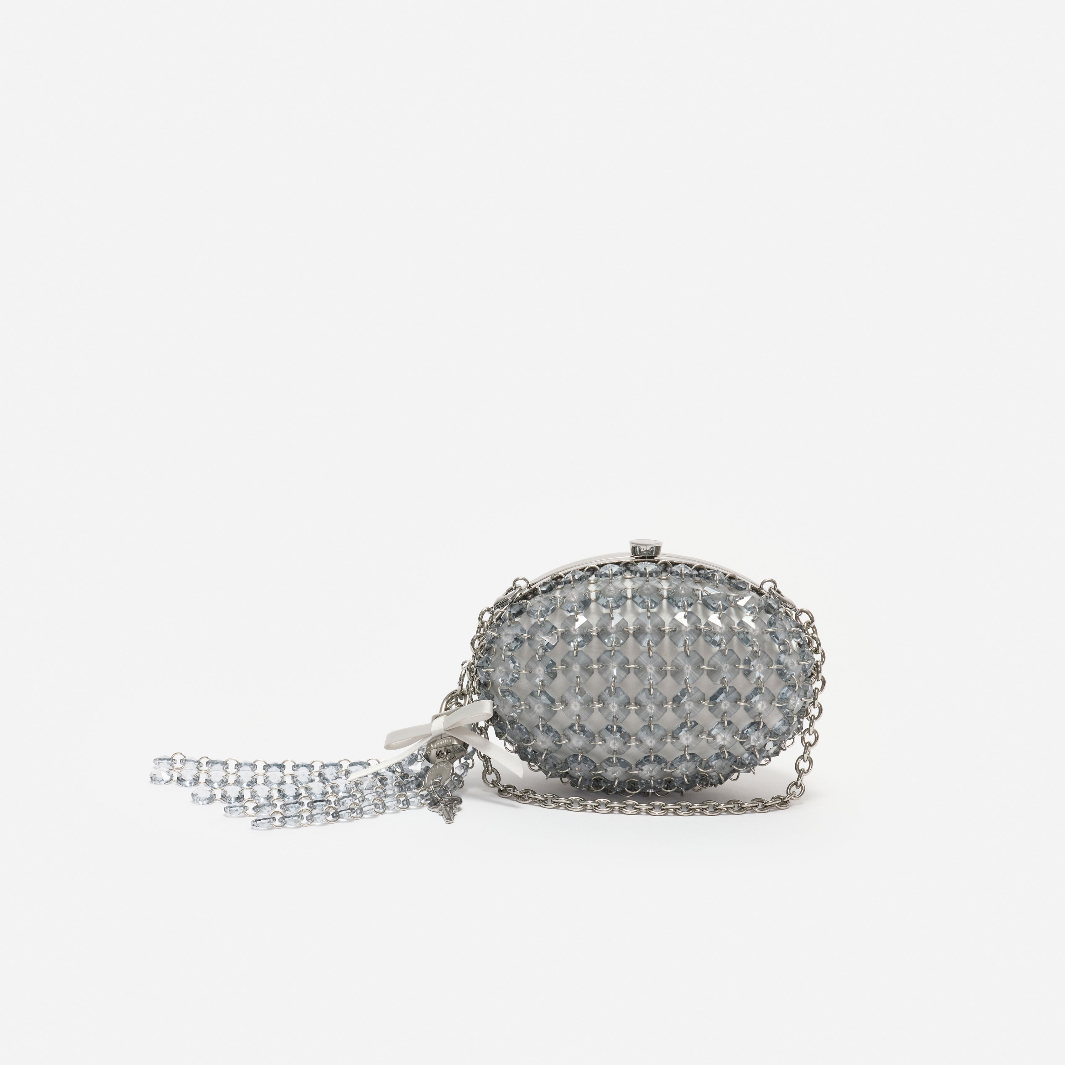 Grey Oval Crystal Chain Clutch Bag