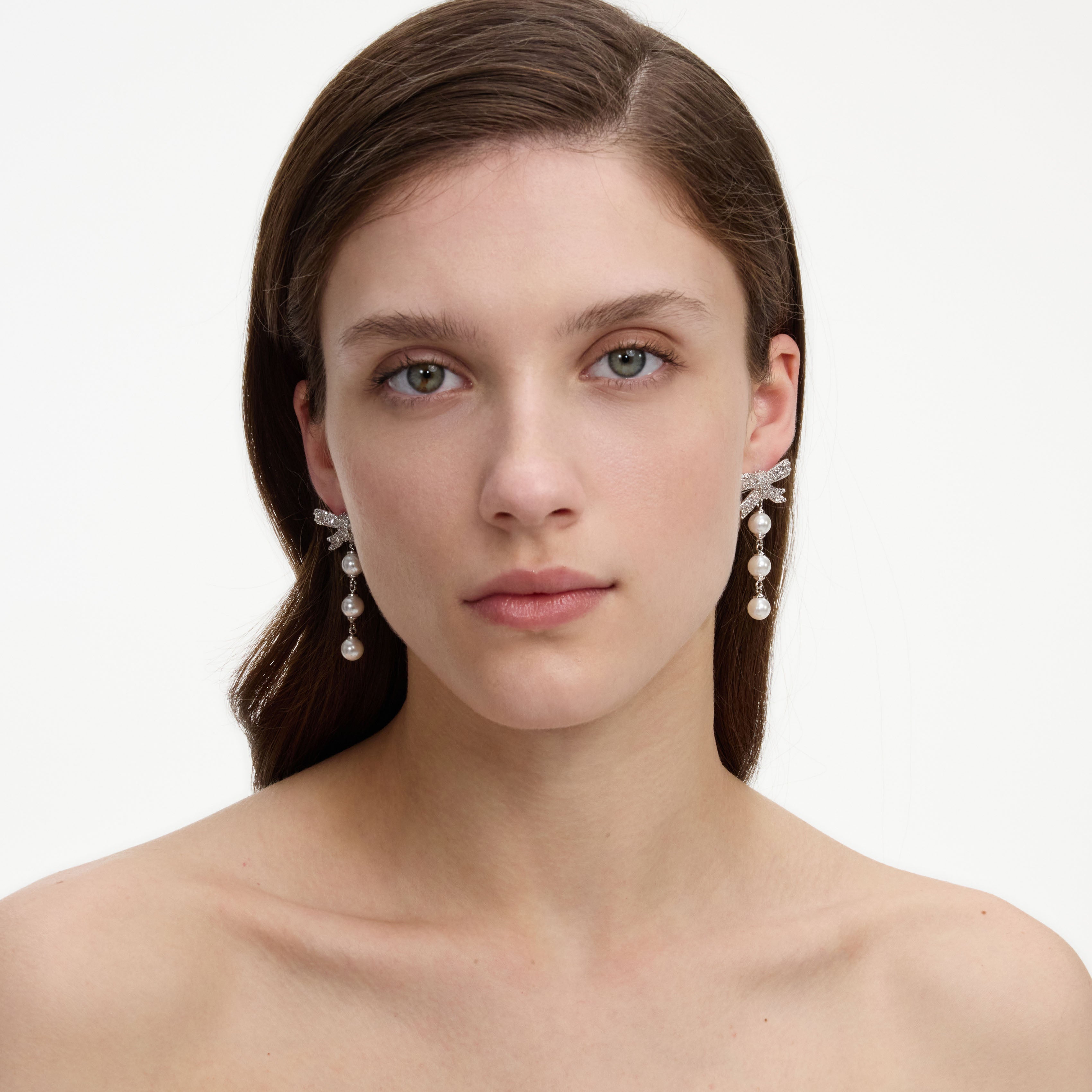 Crystal Bow Pearl Droplet Earrings