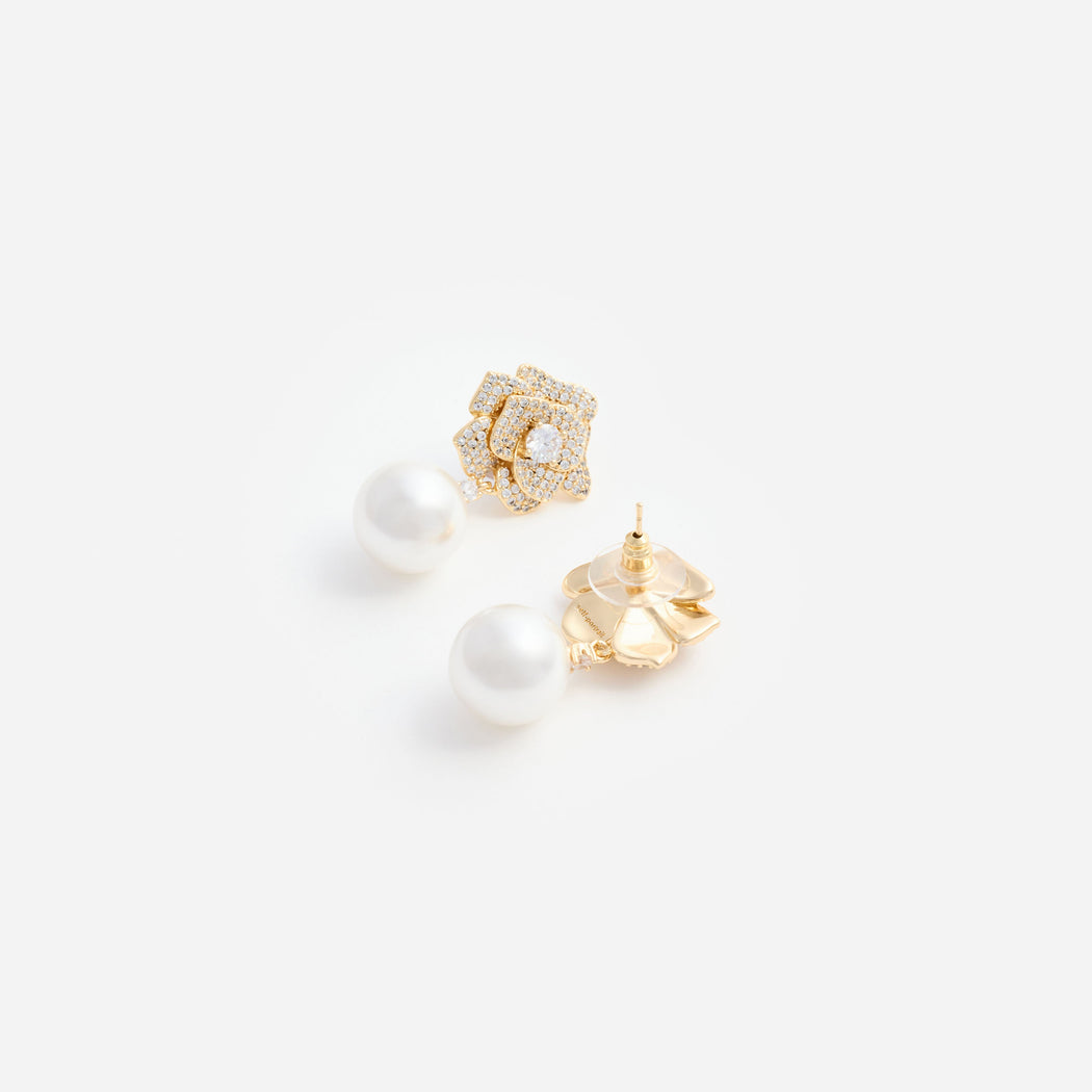 Mini Gold Crystal Flower Pearl Earrings