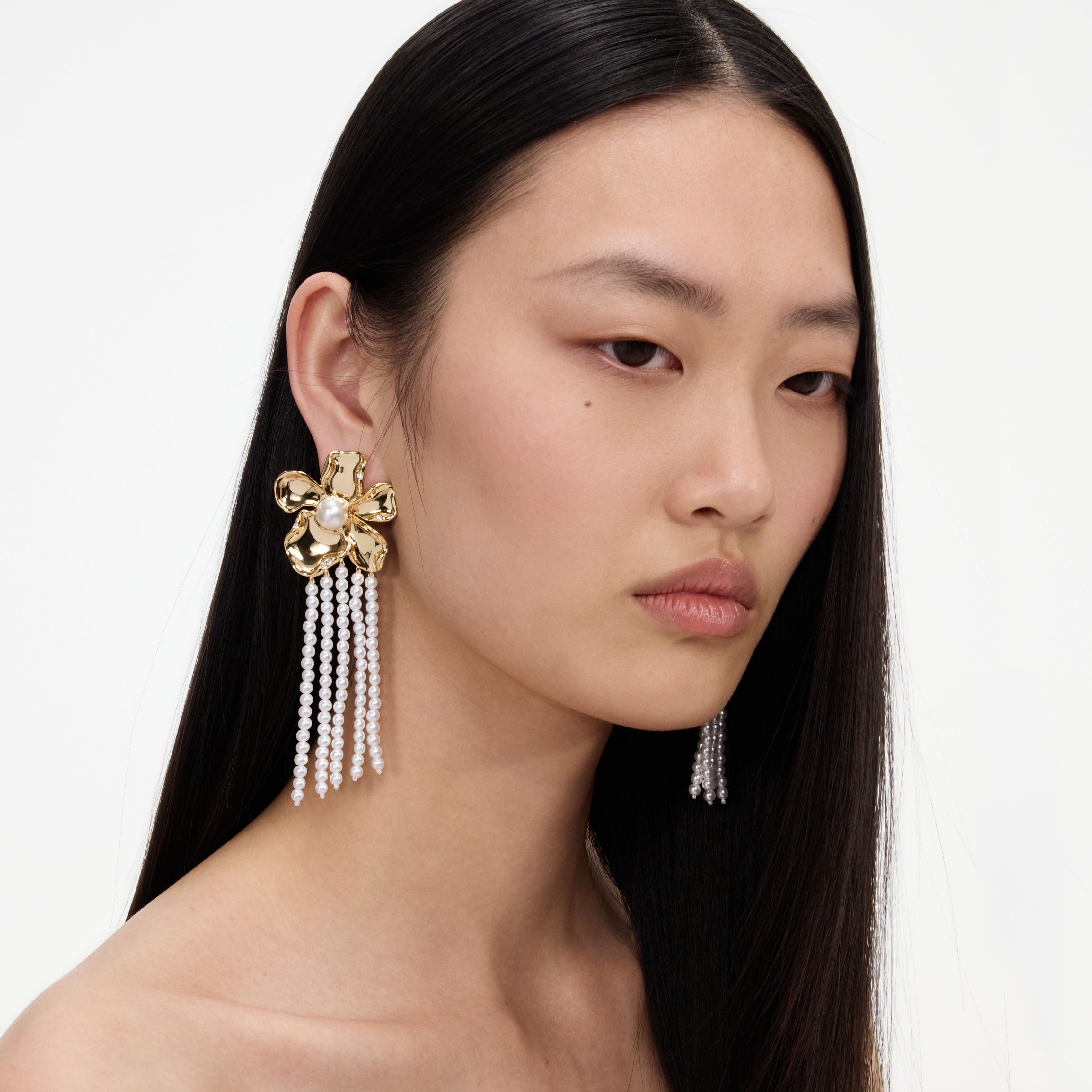 Gold Flower Pearl Dangle Earrings