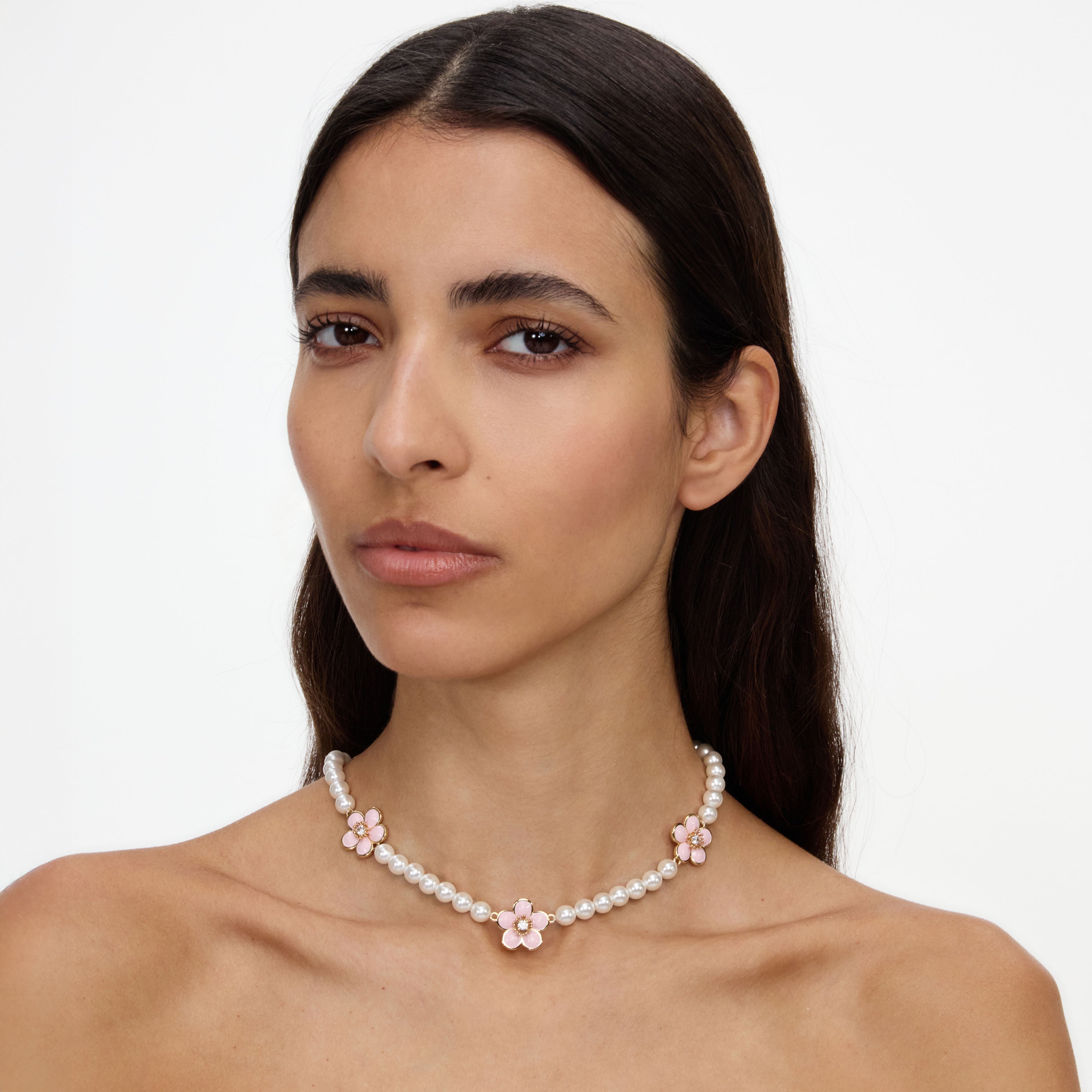 Pink Enamel Flower Pearl Choker