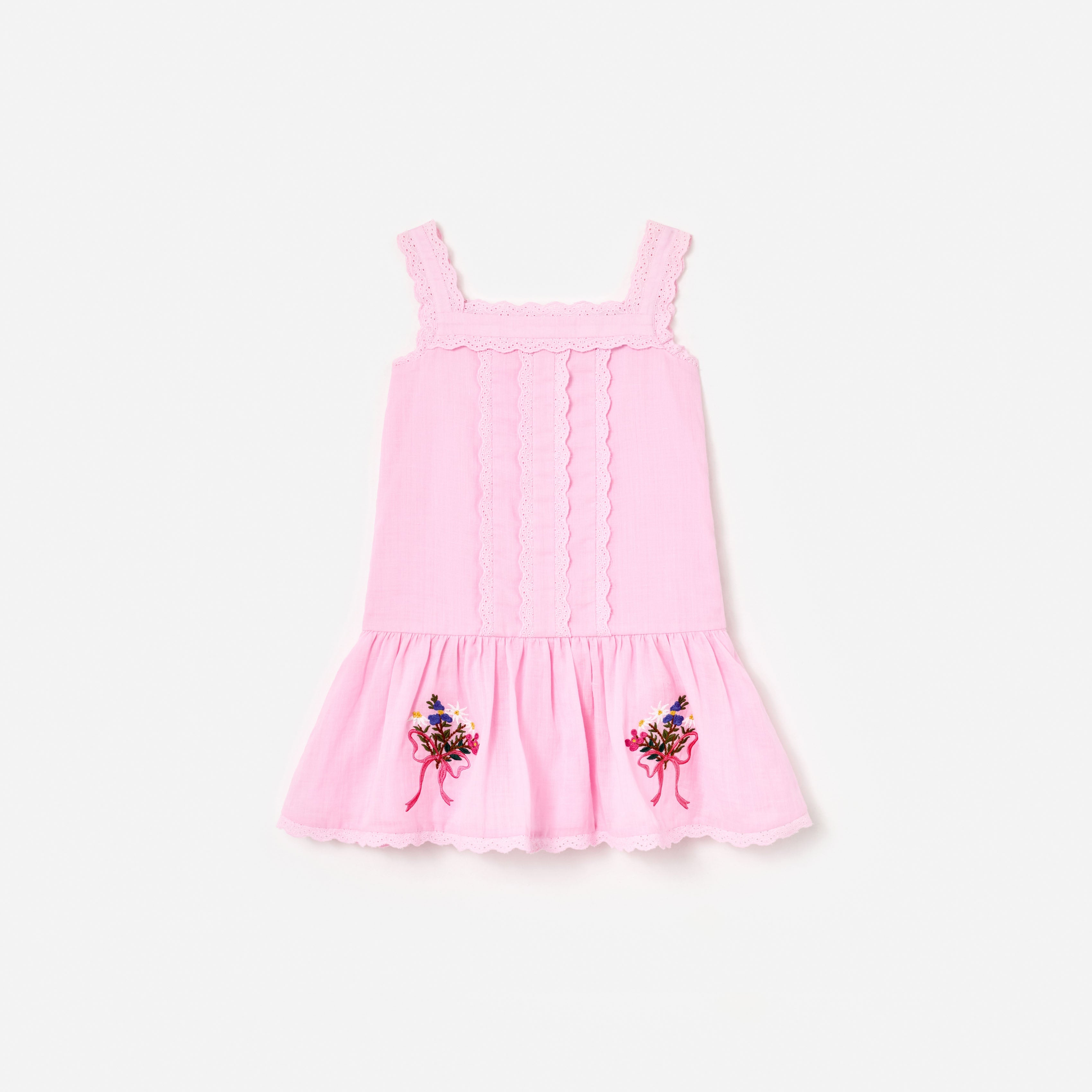Pink Ramie Flower Embroidered Dress