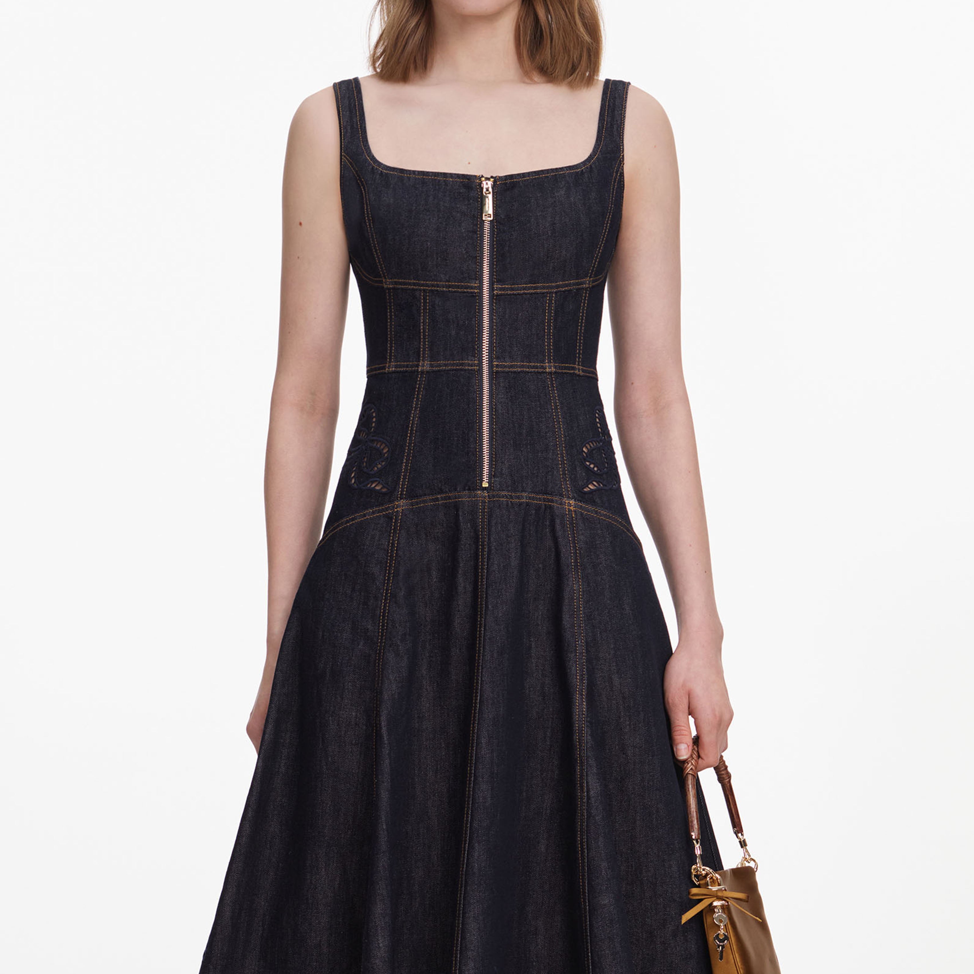 Indigo Denim Bow Embroidered Midi Dress