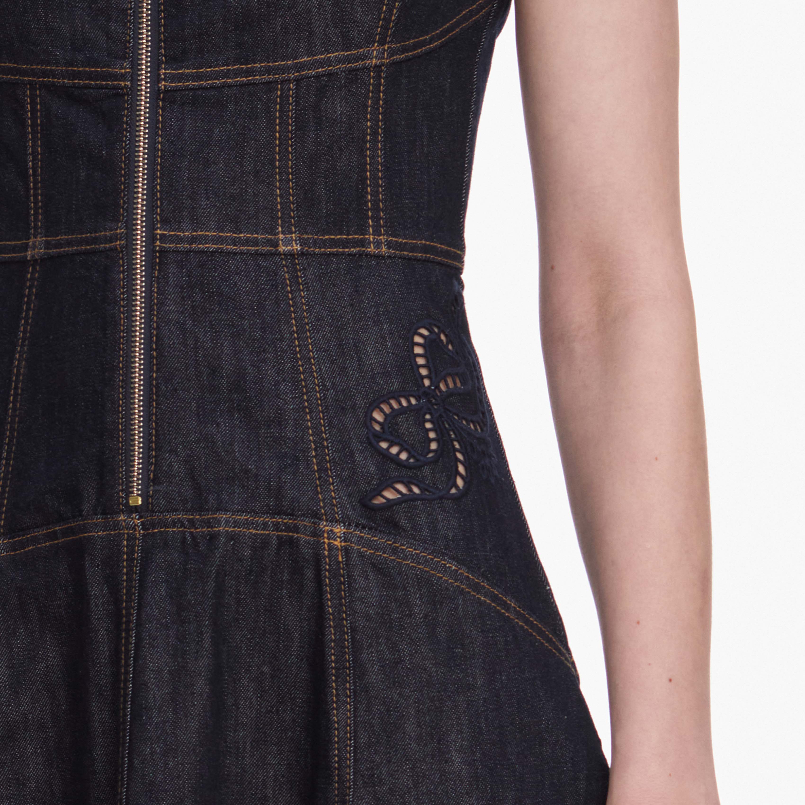 Indigo Denim Bow Embroidered Midi Dress