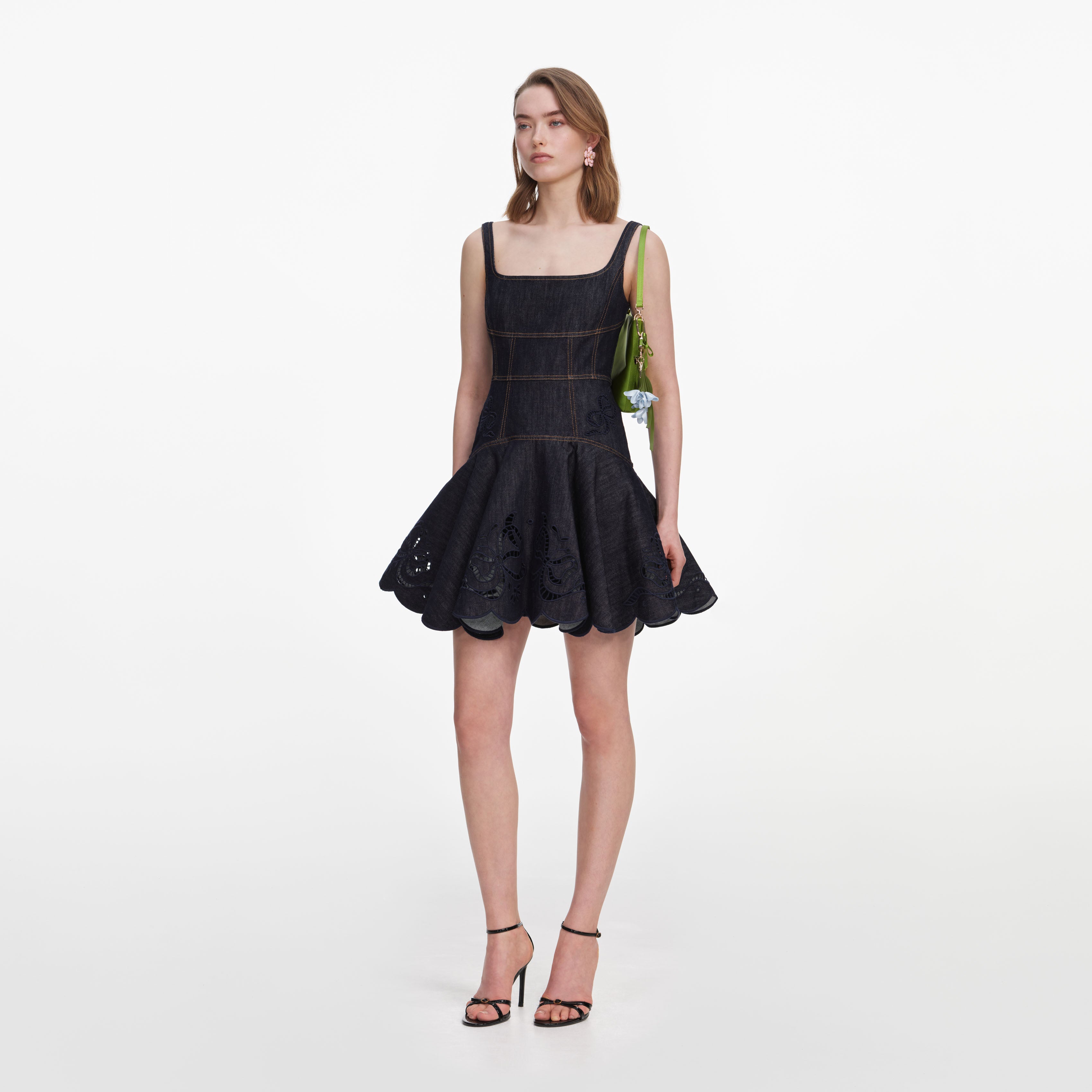 Indigo Denim Bow Embroidered Mini Dress