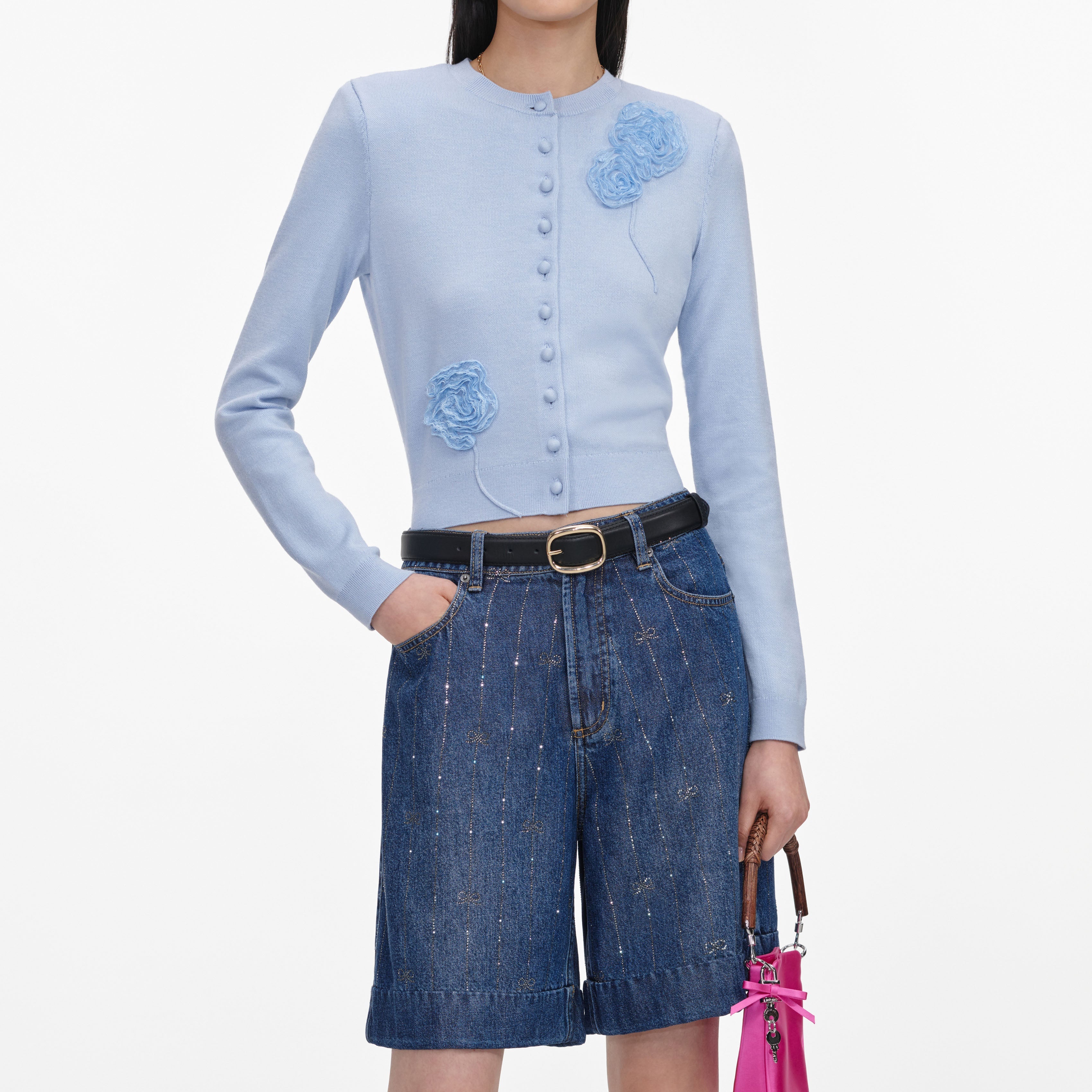 Rhinestone Stripe Denim Shorts