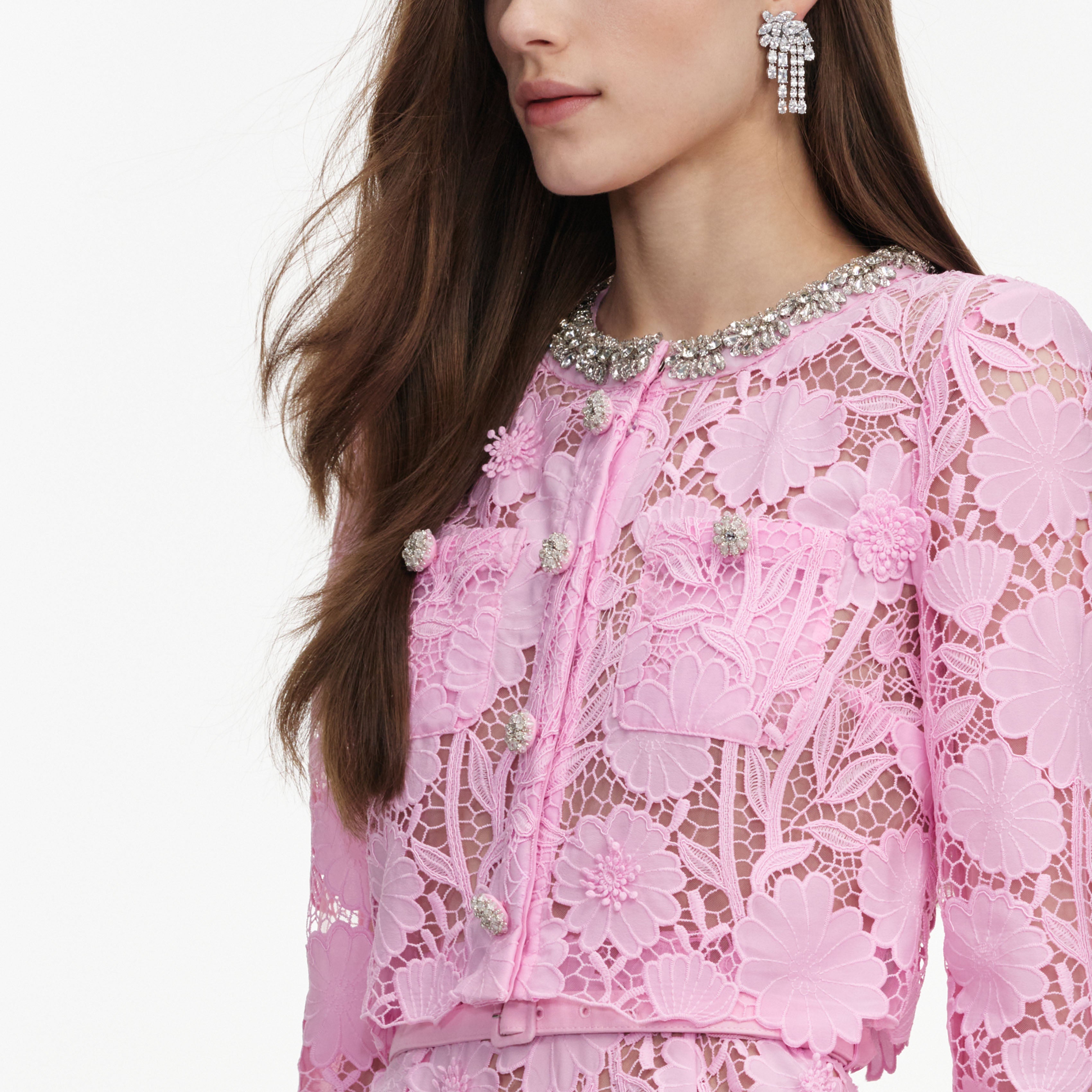 Pink Lace Crystal Embellished Midi Dress