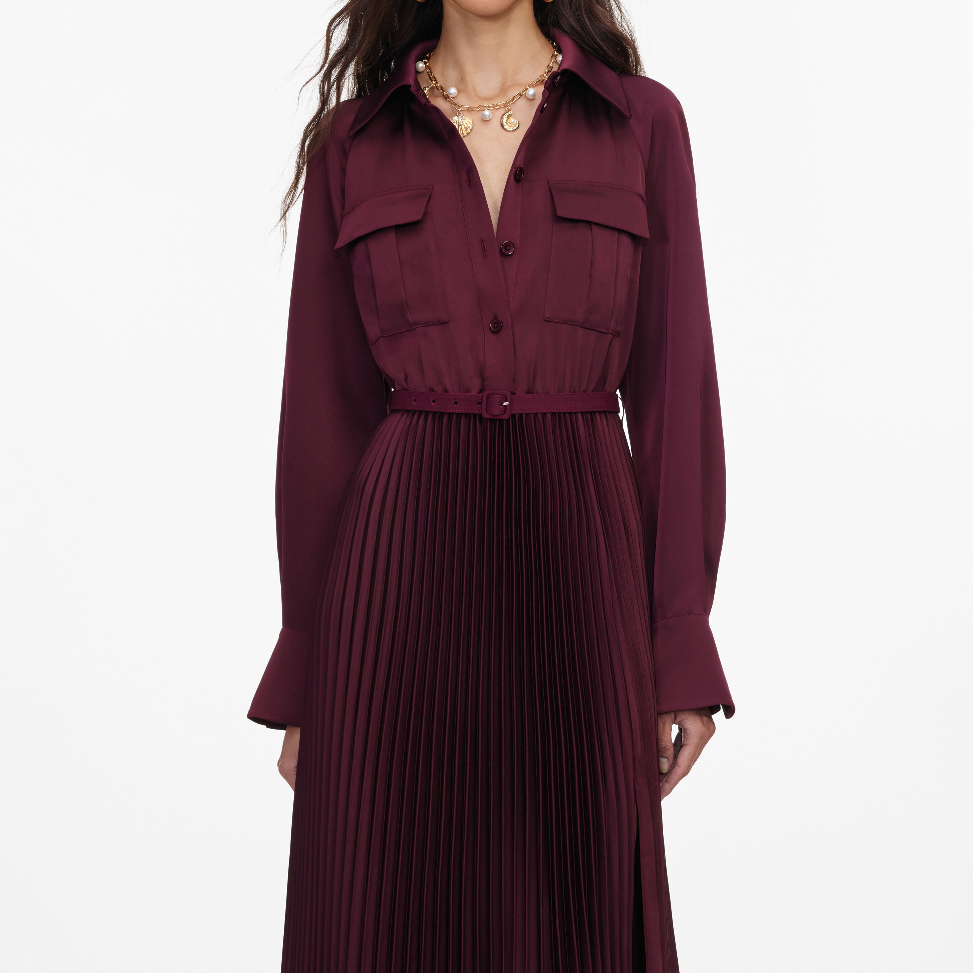 Plum Satin Pleated Maxi Dress
