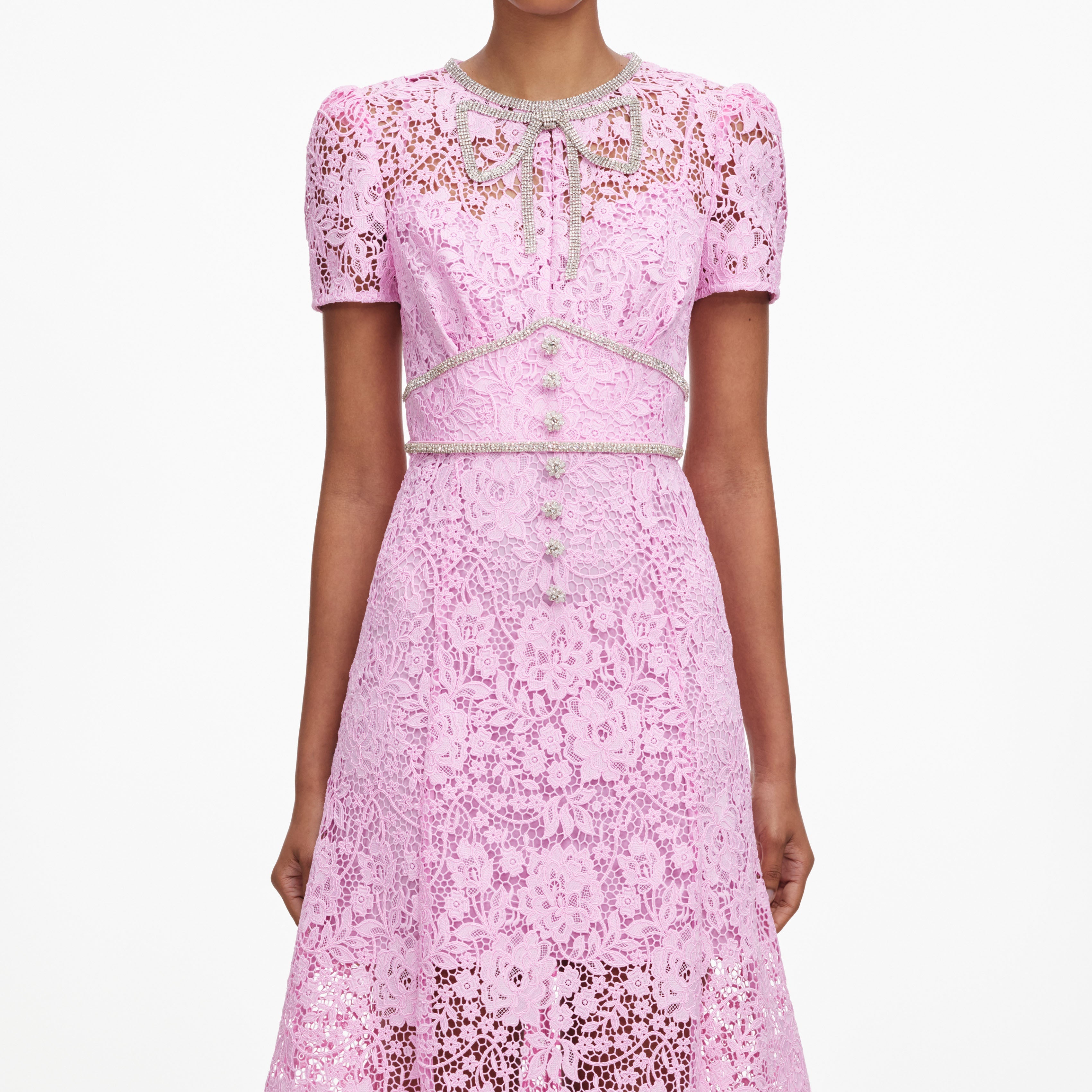 E*様 Self Portrait Cord Lace Tiered Dress Pink Cord Lace Midi Dress – self-portrait-EU