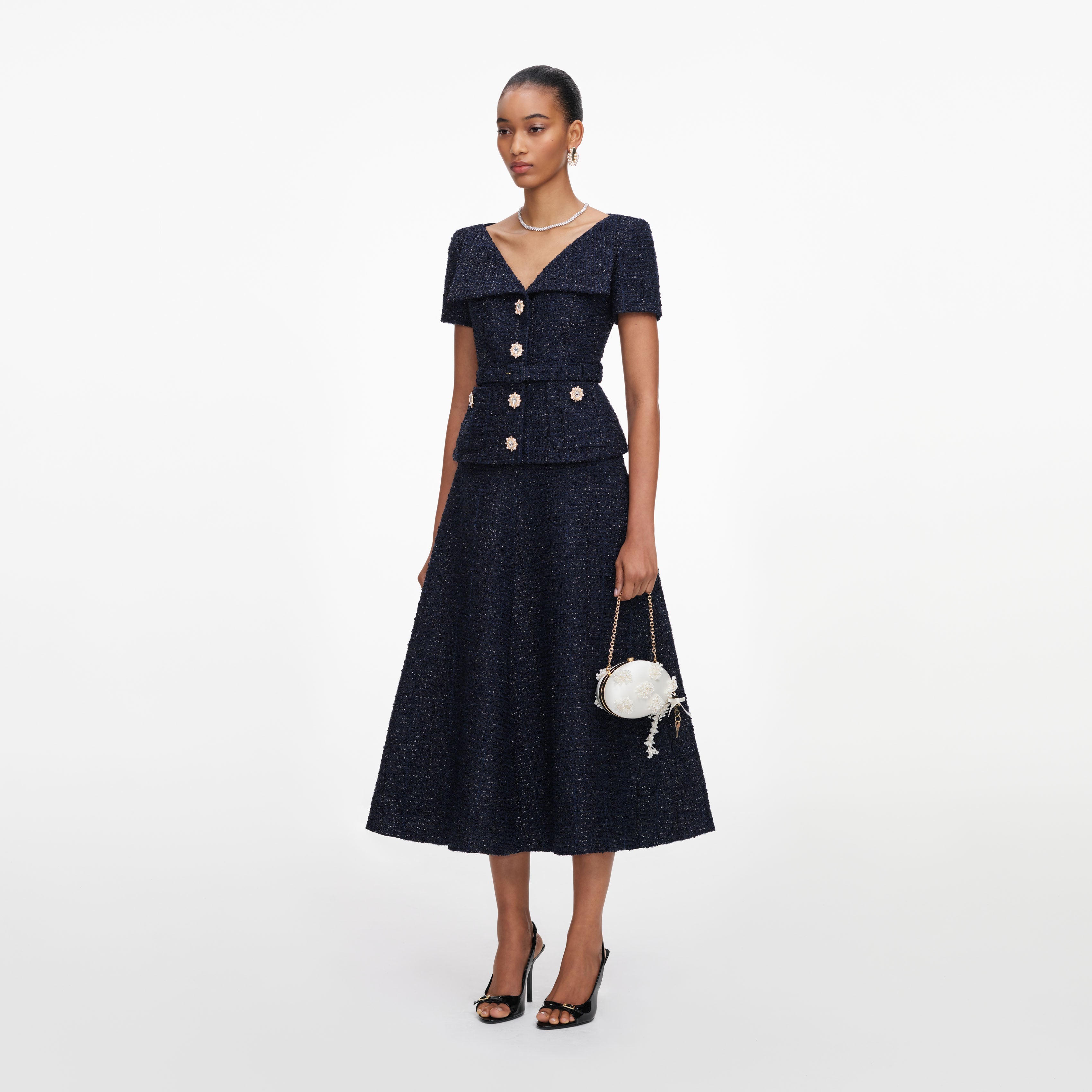 Navy Boucle Tailored Midi Dress