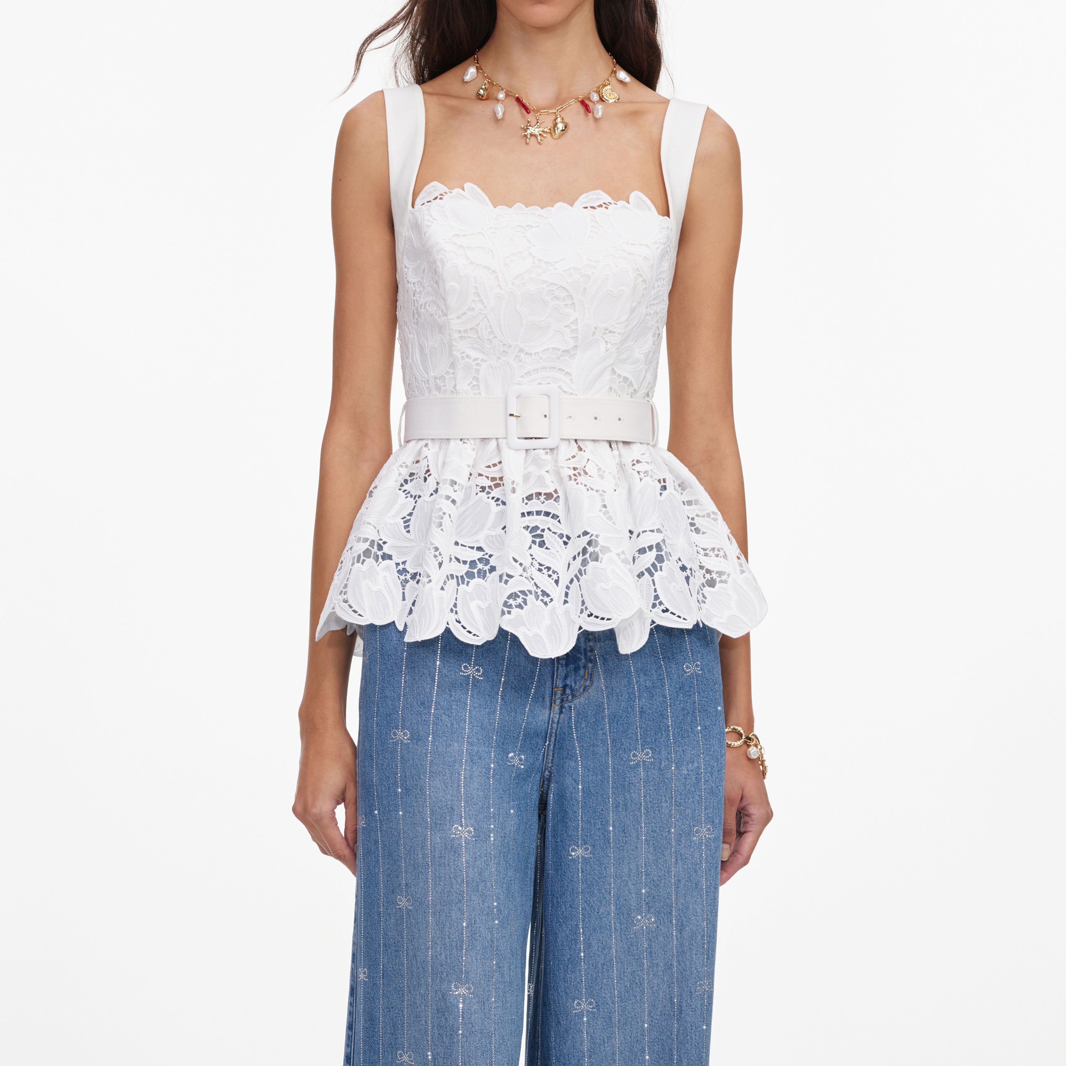 White Lace Peplum Top – self-portrait-EU