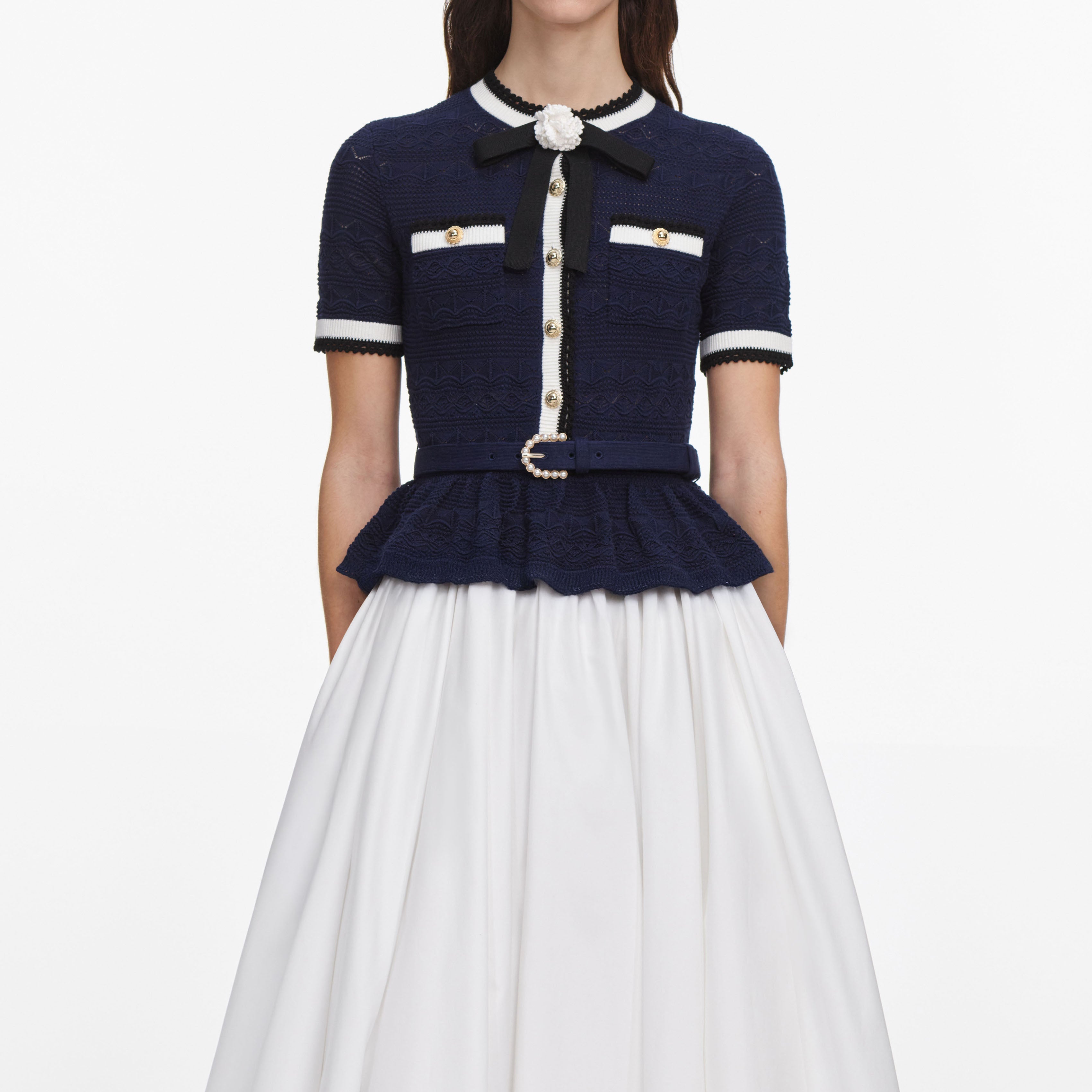 Navy Peplum Pointelle Knit Top