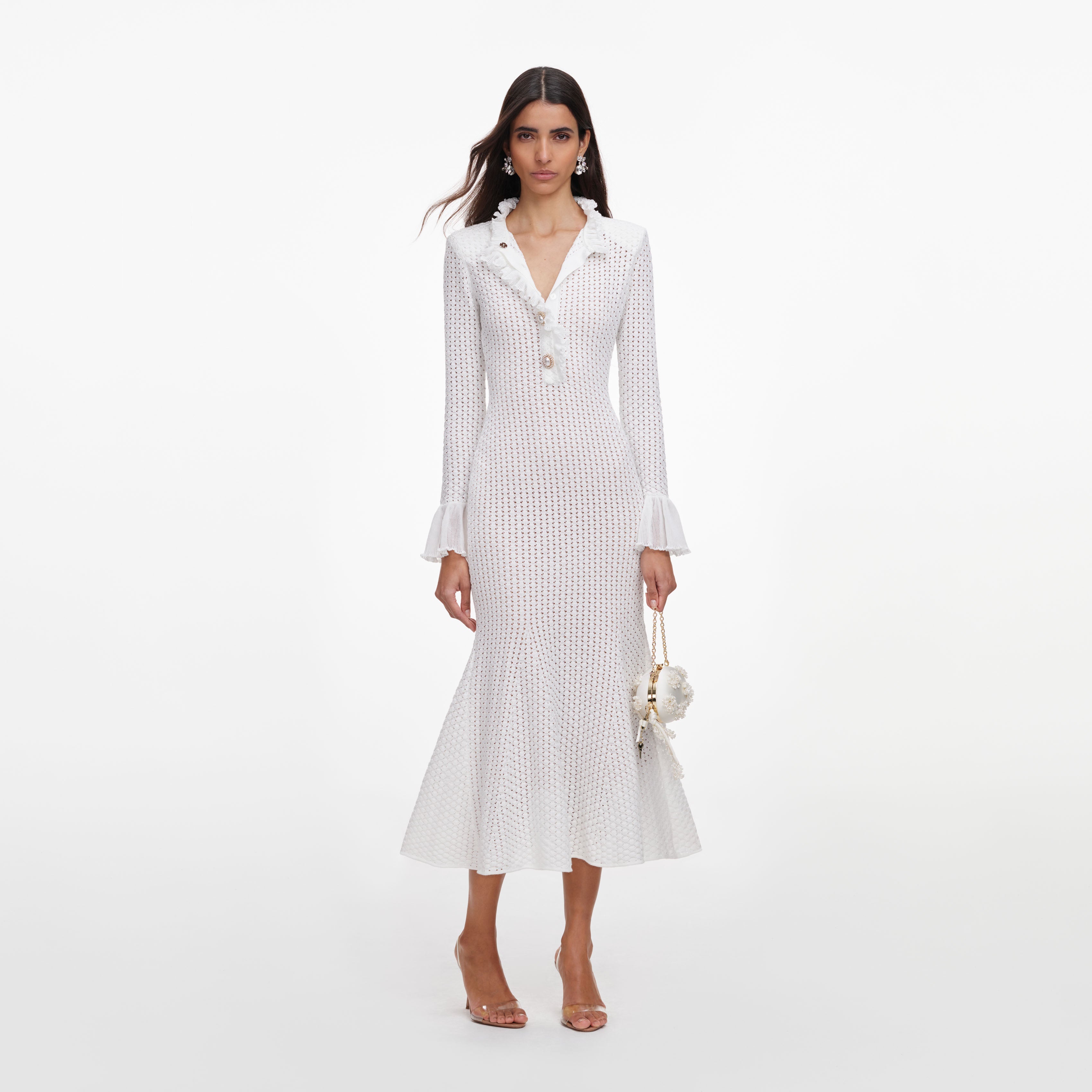 White Pointelle Knit Flare Midi Dress