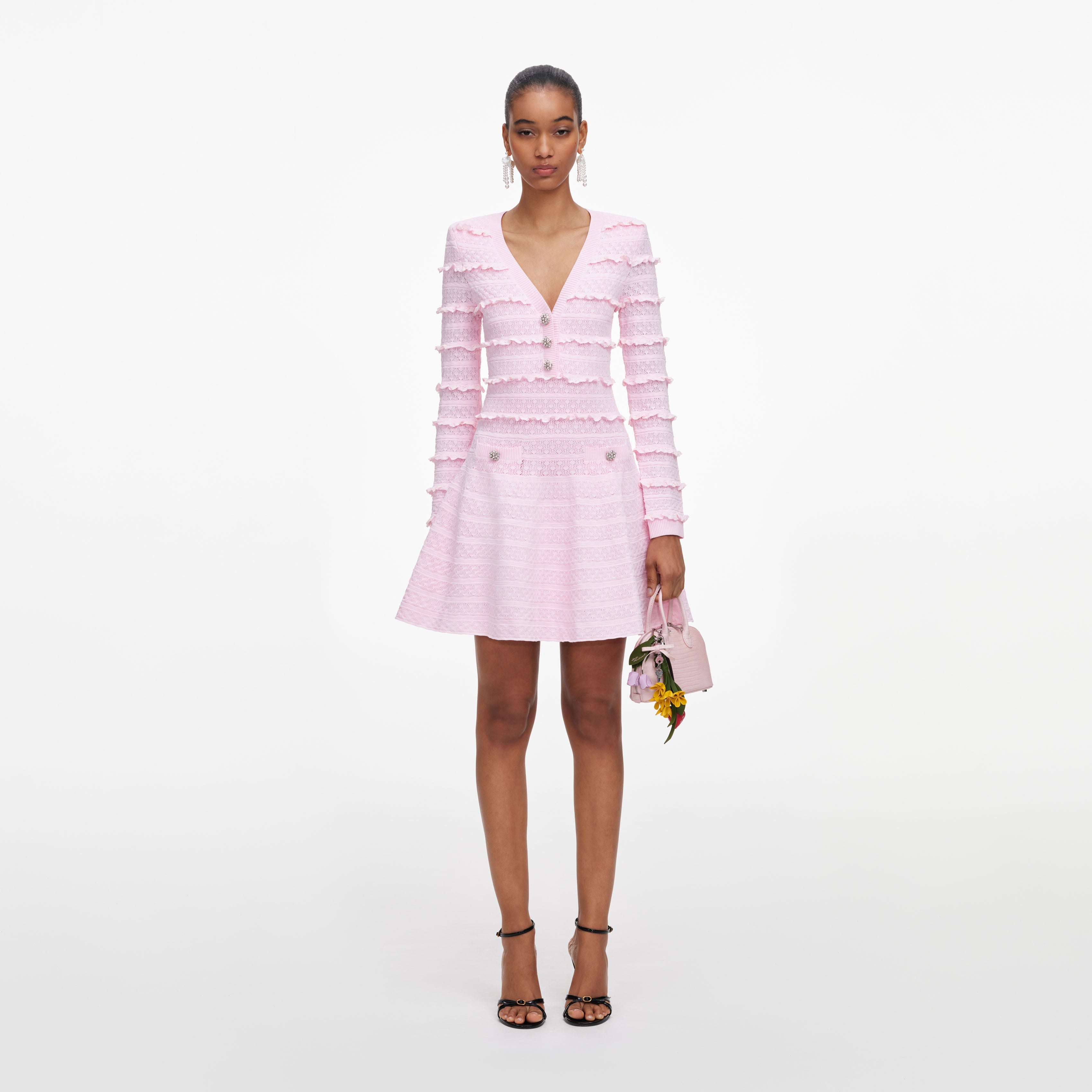 Pink Pointelle Diamante Knit Mini Dress