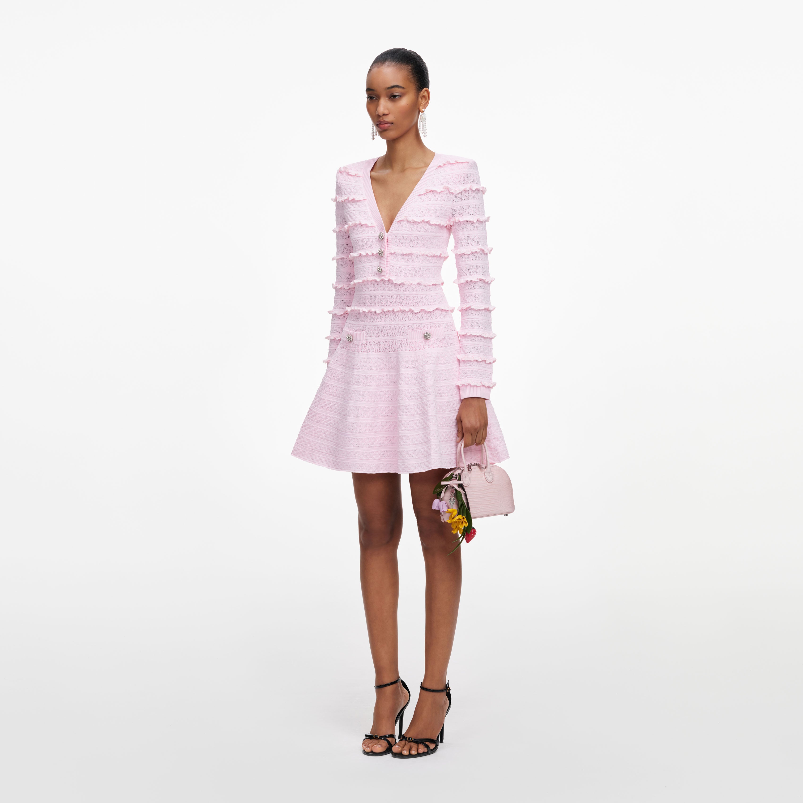 PERVERZE Shirring Narrow Knit Dress ピンク Pink Pearl Trim Knit Mini Dress – self-portrait-EU