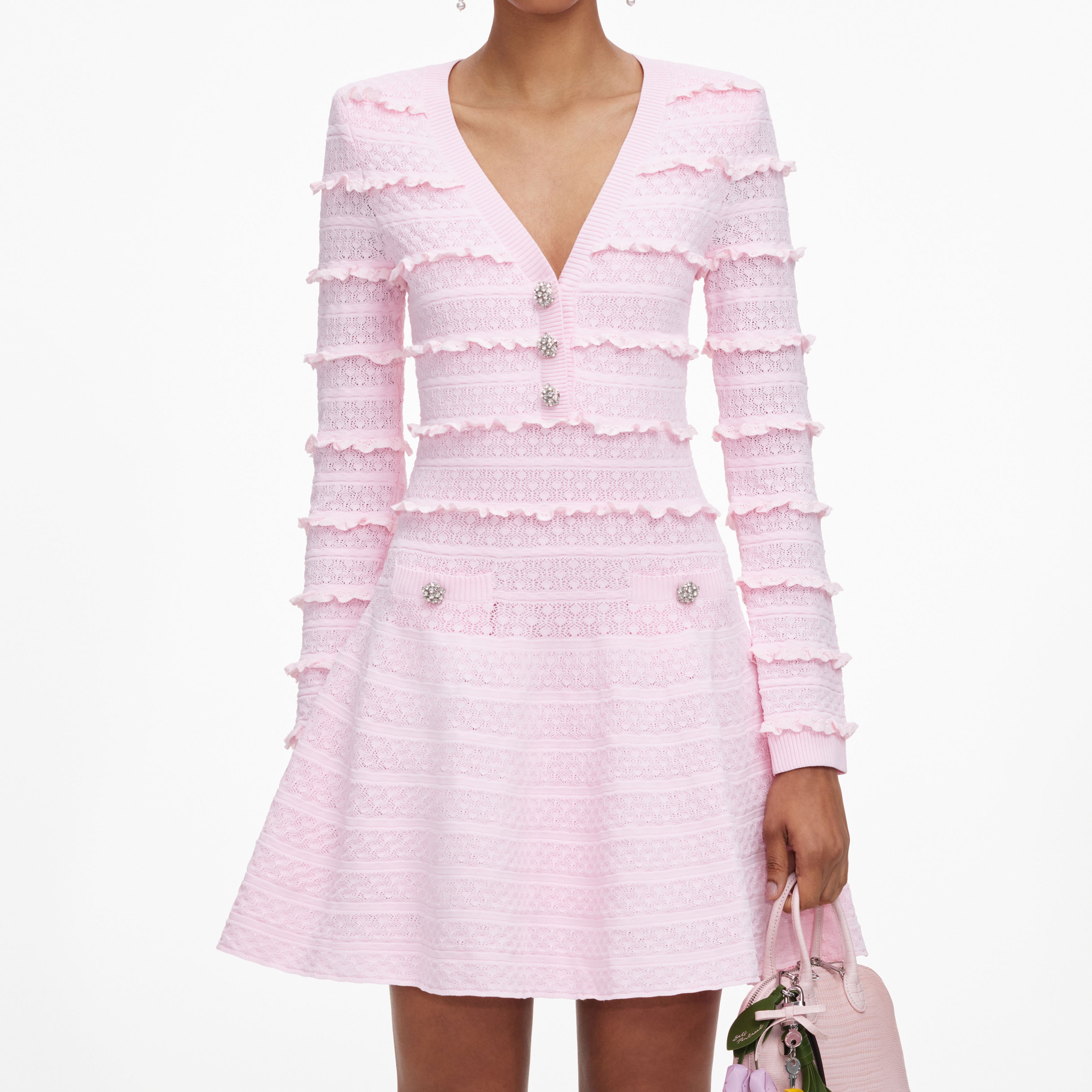 Pink Pointelle Diamante Knit Mini Dress – self-portrait-EU