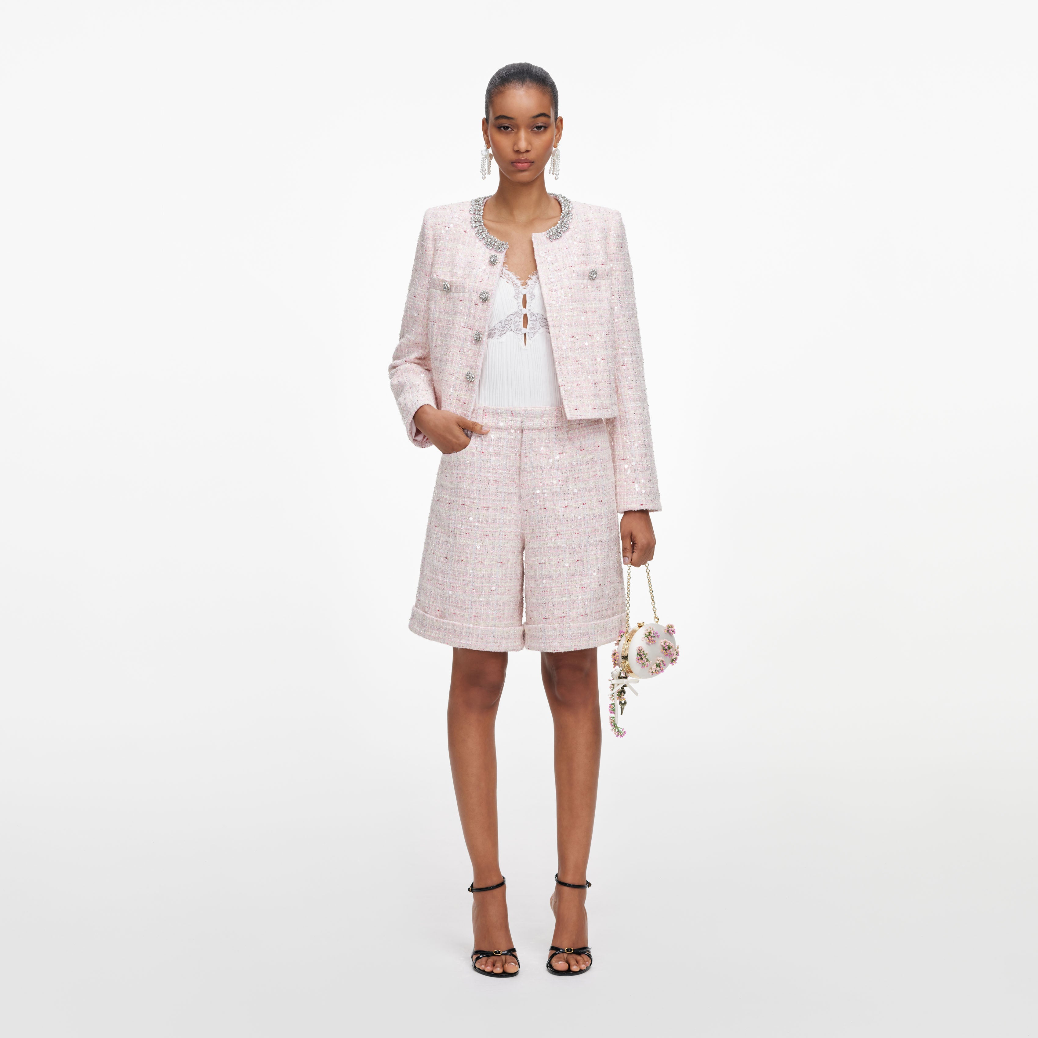 Pink Sequin Boucle Shorts