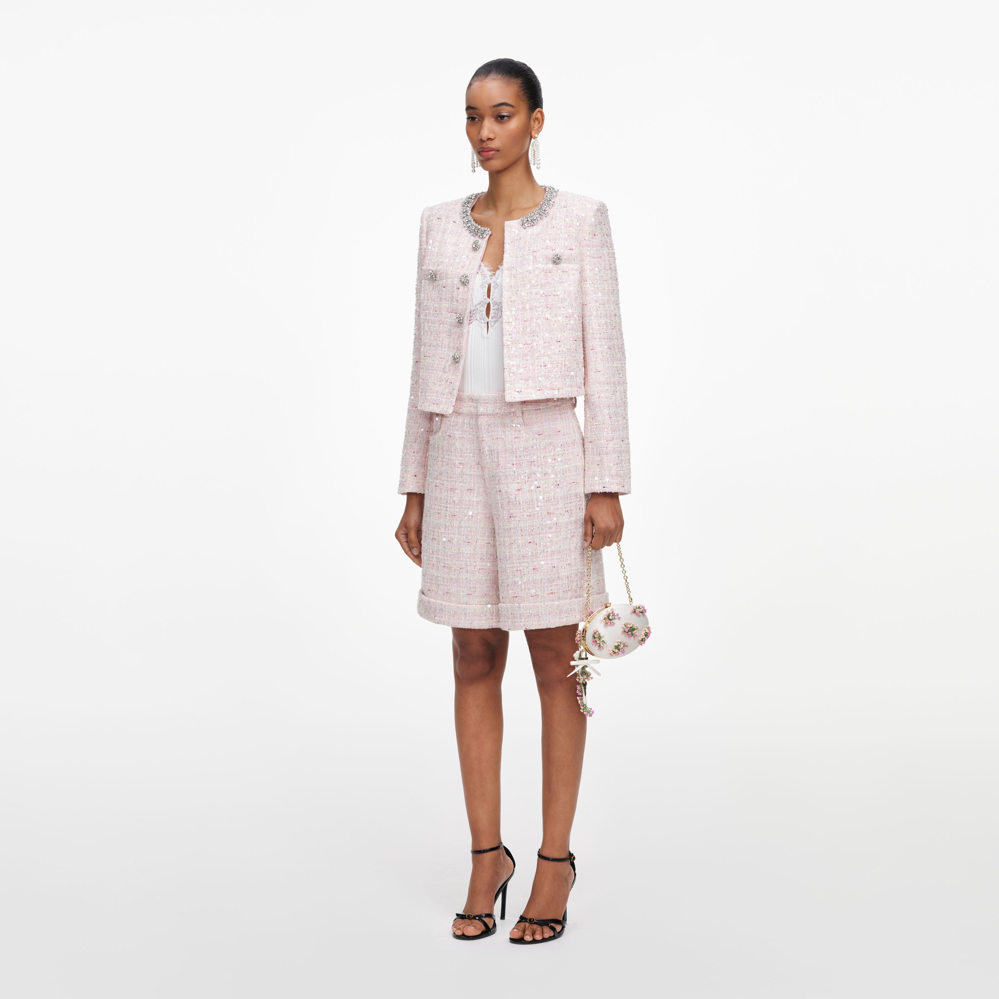 Pink Sequin Boucle Shorts