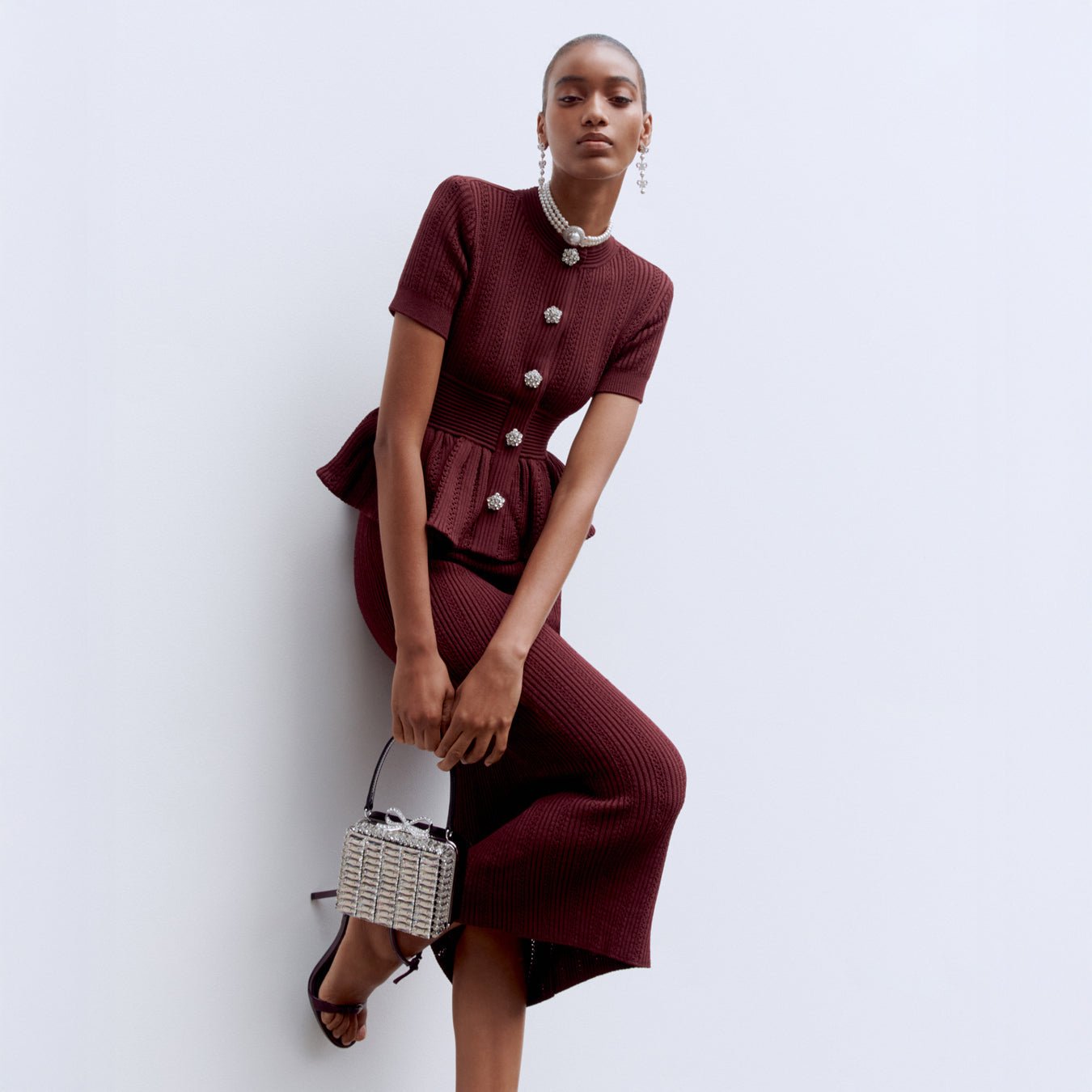 Burgundy Pointelle Knit Midi Dress