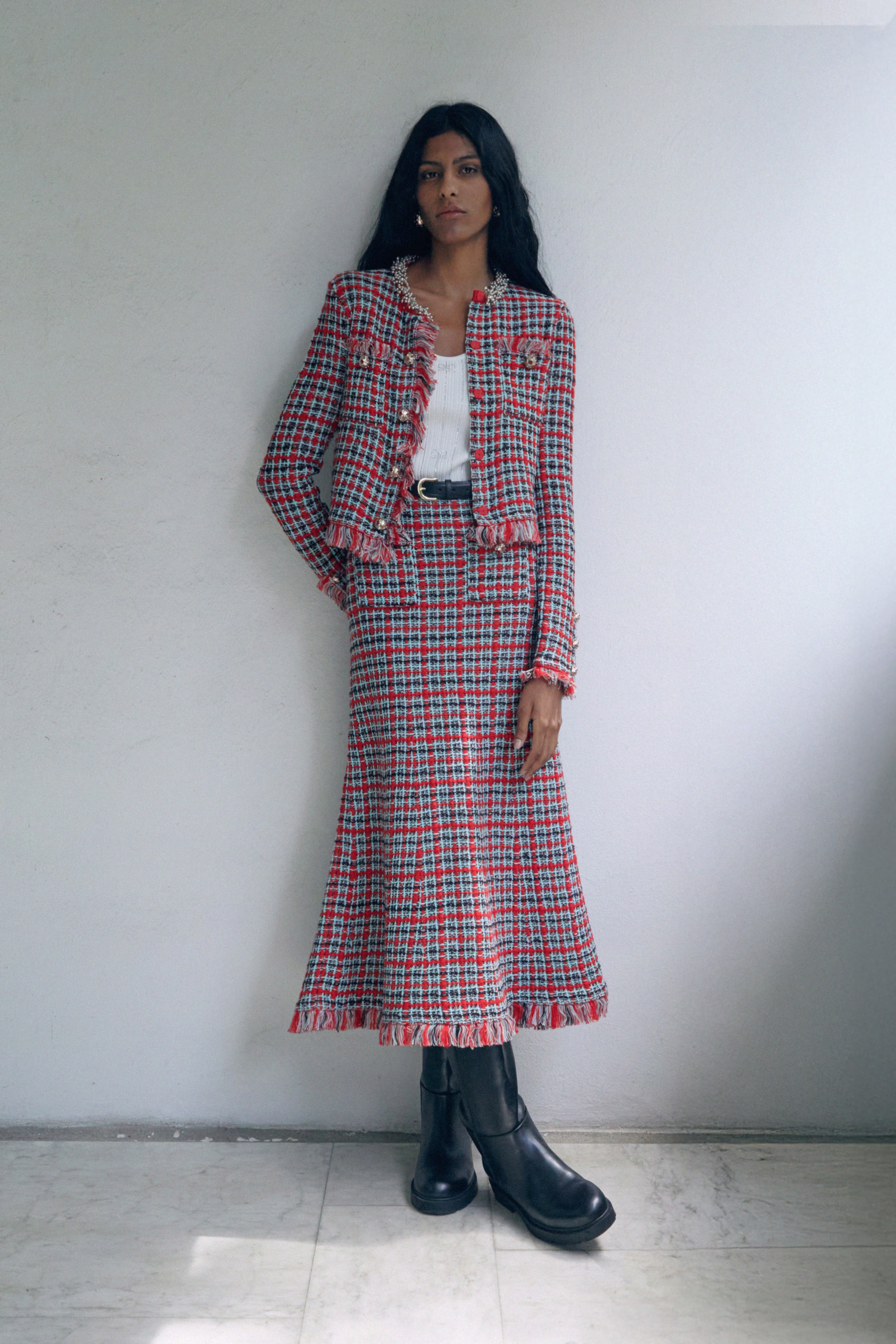 Red Check Frayed Knit Midi Skirt