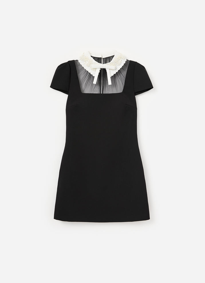 Black Crepe Bow Collar Mini Dress