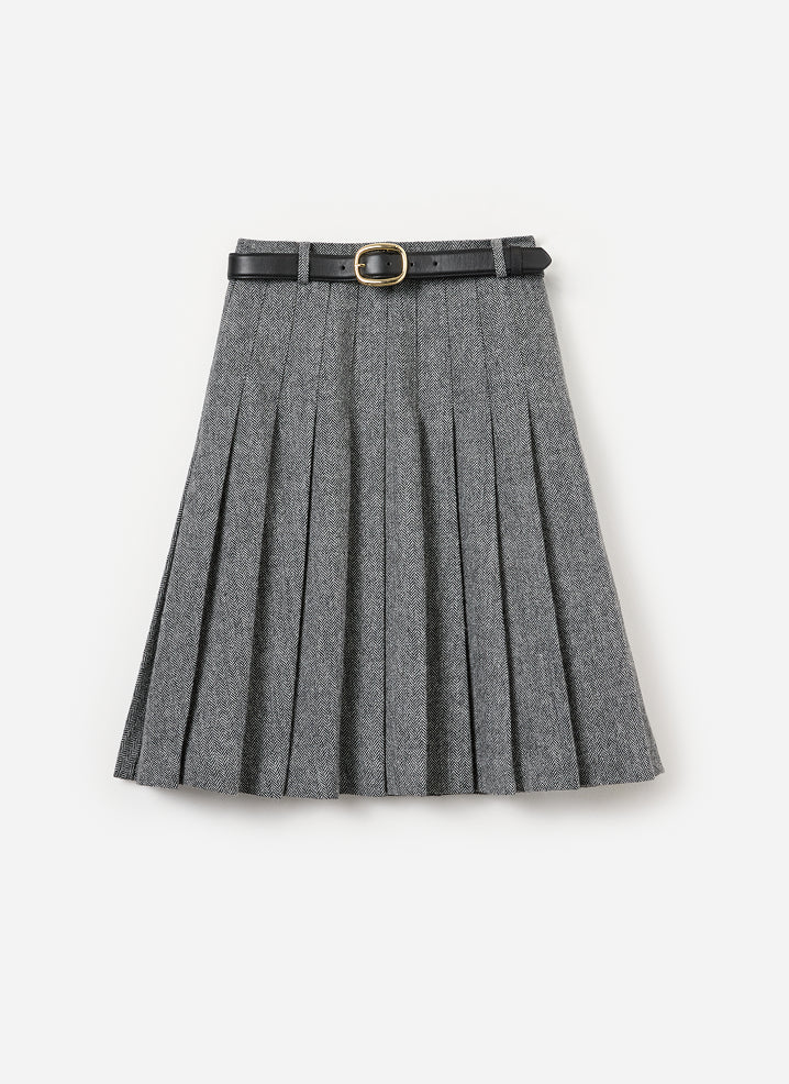 Grey Herringbone Pleated Midi Skirt