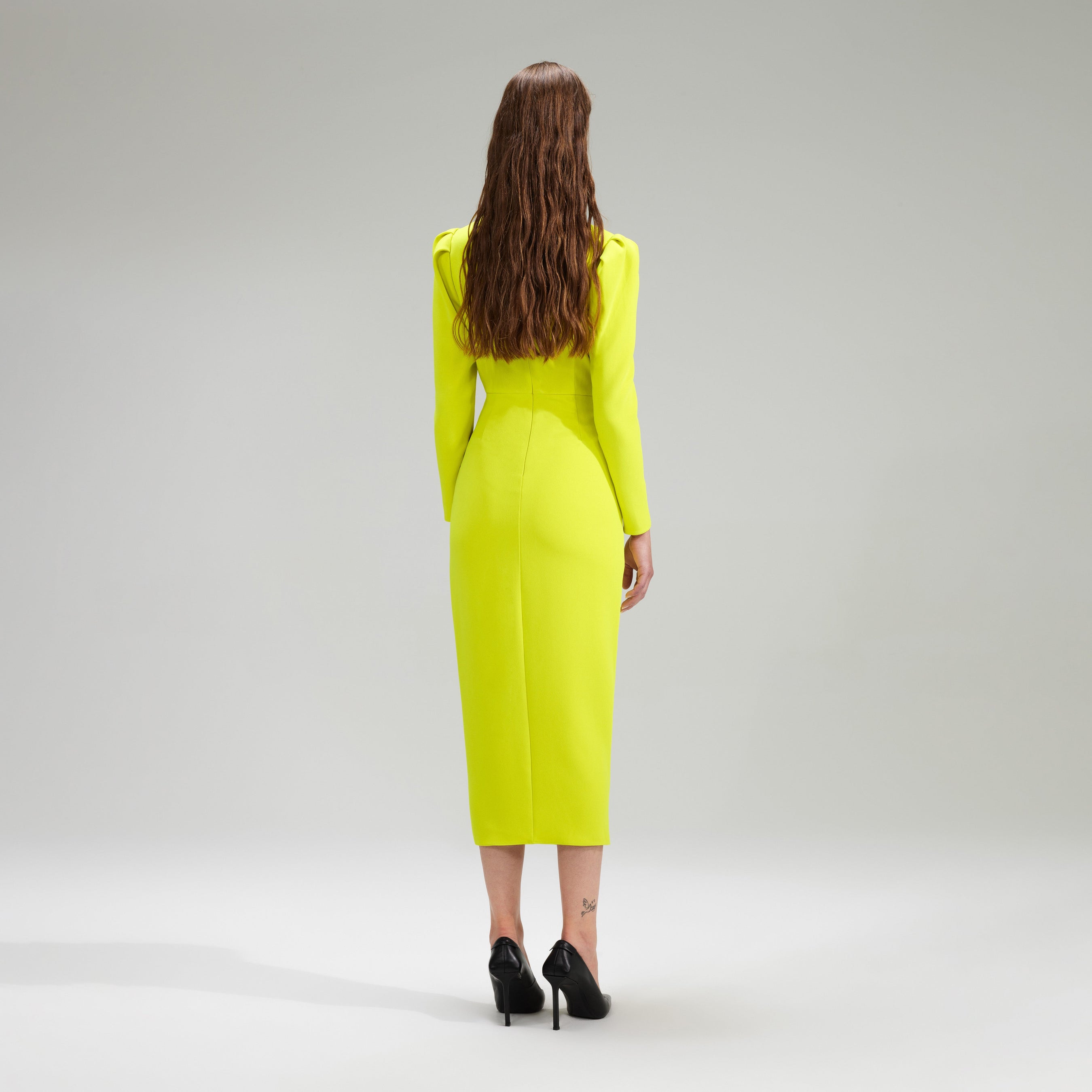 Lime Crepe Ruched Midi Dress