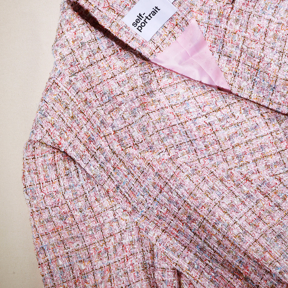 Pink V Neck Boucle Tailored Mini Dress