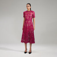 Burgundy Floral Lace Midi Dress