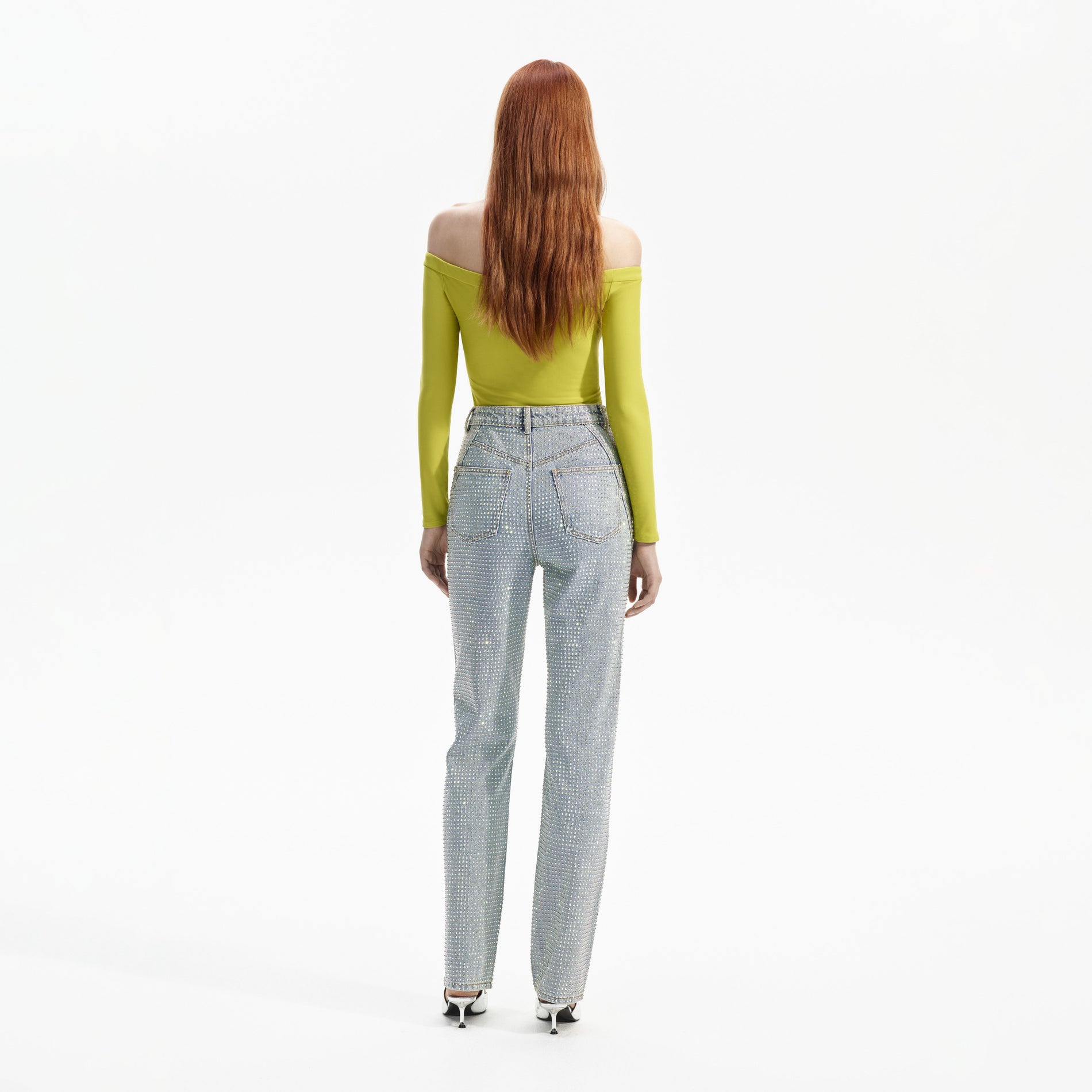Back view of a woman wearing the Chartreuse Jersey Off Shoulder Top