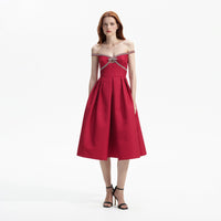 Red Textured Diamante Midi Dress