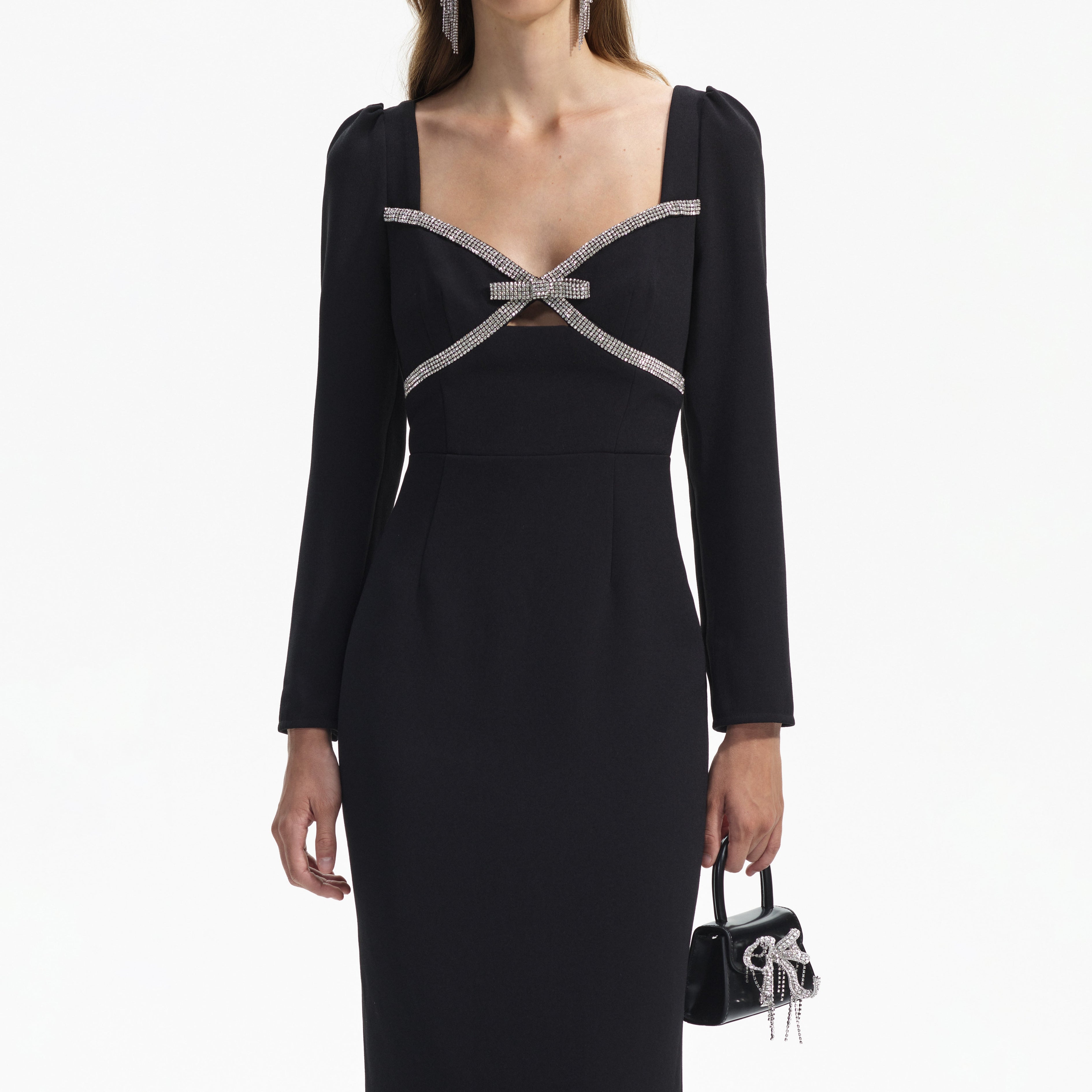 Black Diamante Bow Midi Dress