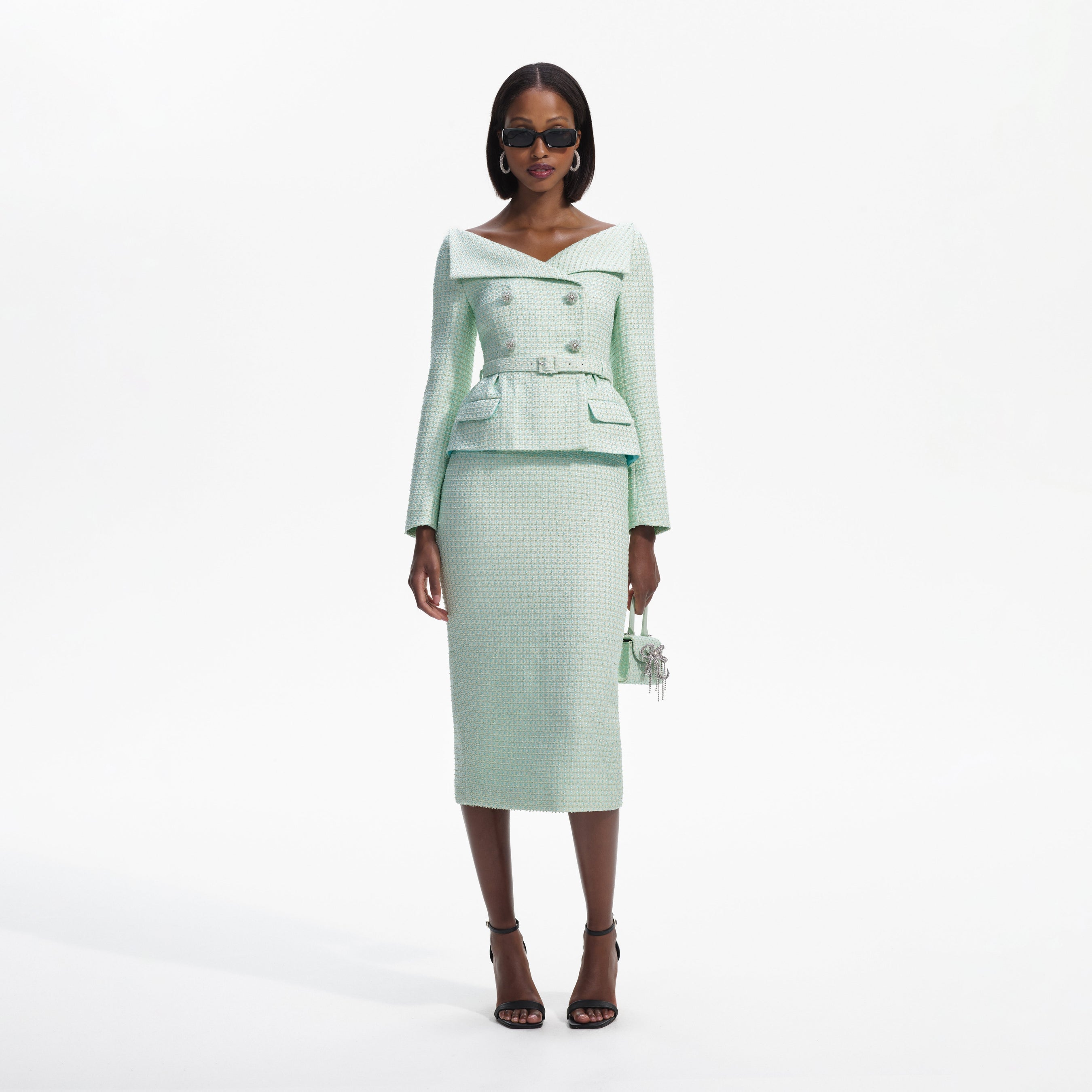 Mint Boucle Tailored Midi Dress – self-portrait-EU