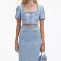 Blue Sequin Boucle Midi Skirt