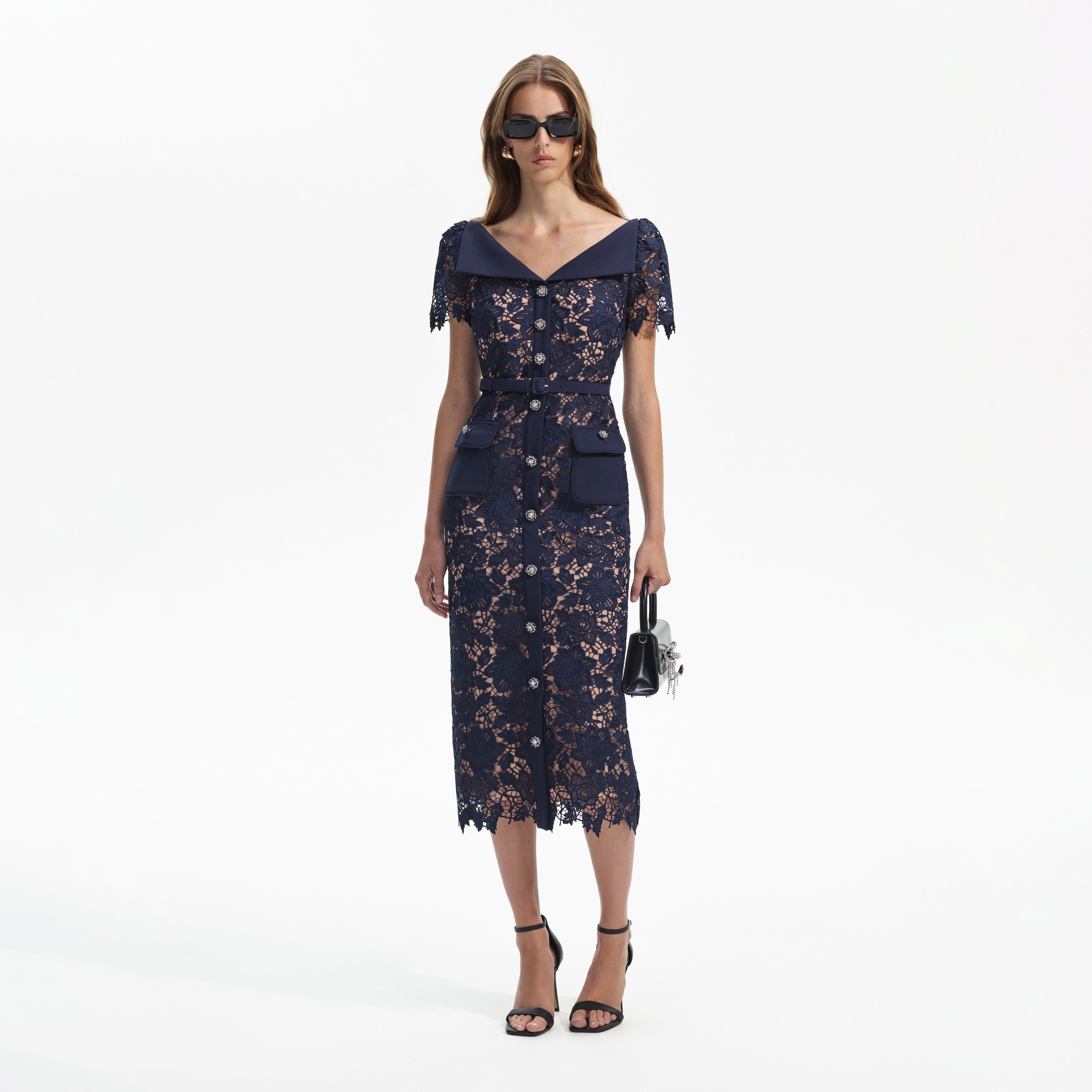 Navy Lace Open Neck Midi Dress