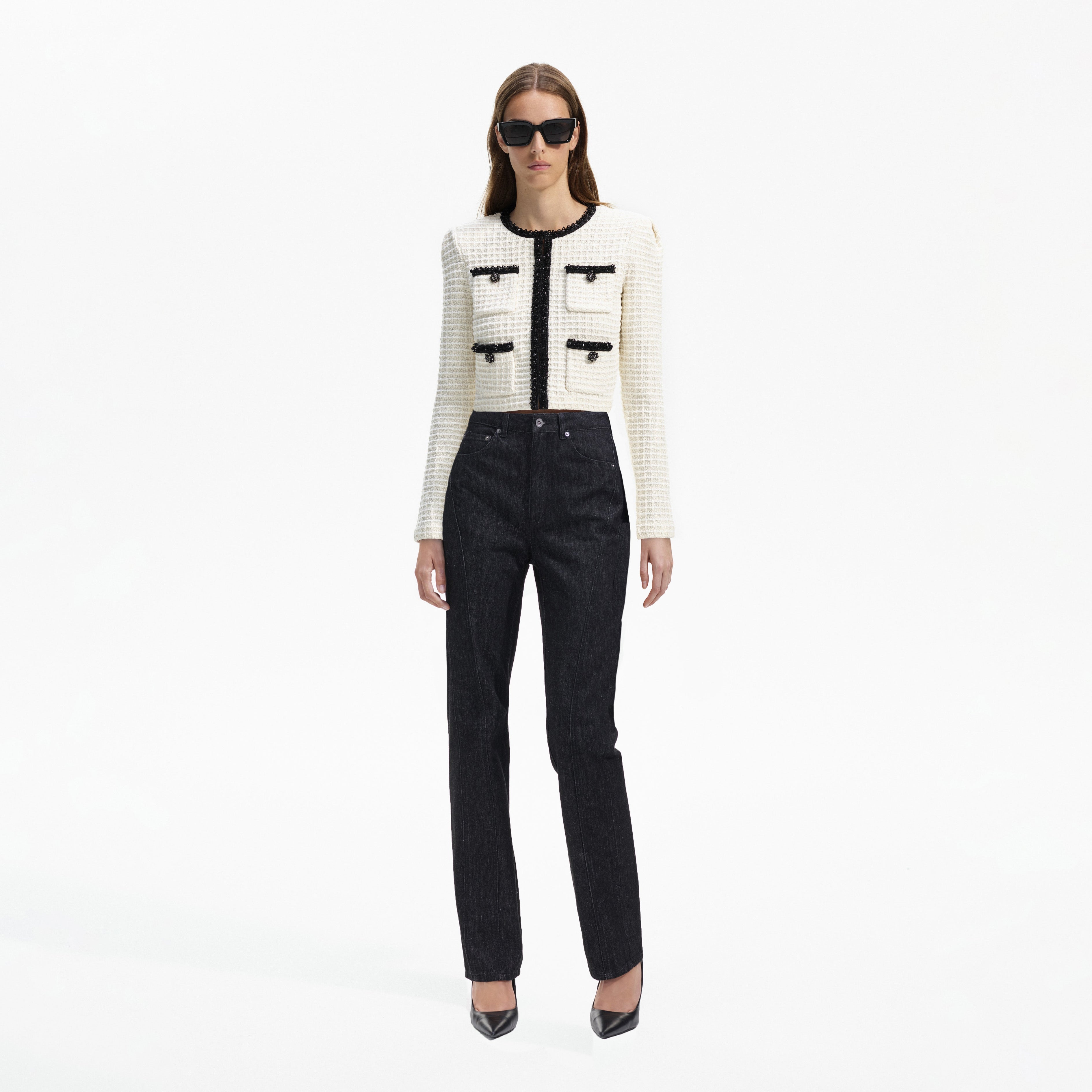 Cream Textured Contrast Knit Cardigan