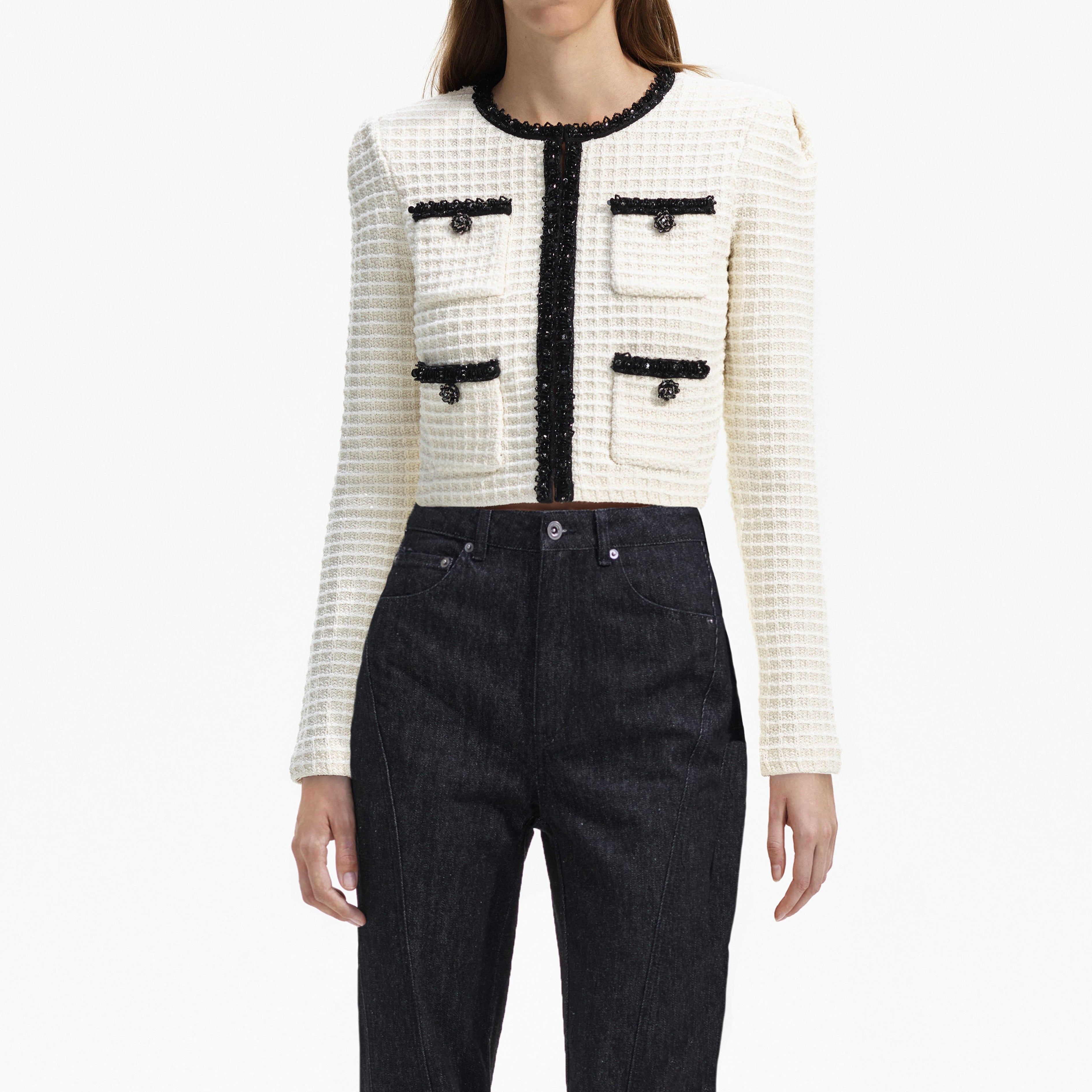 Cream Textured Contrast Knit Cardigan