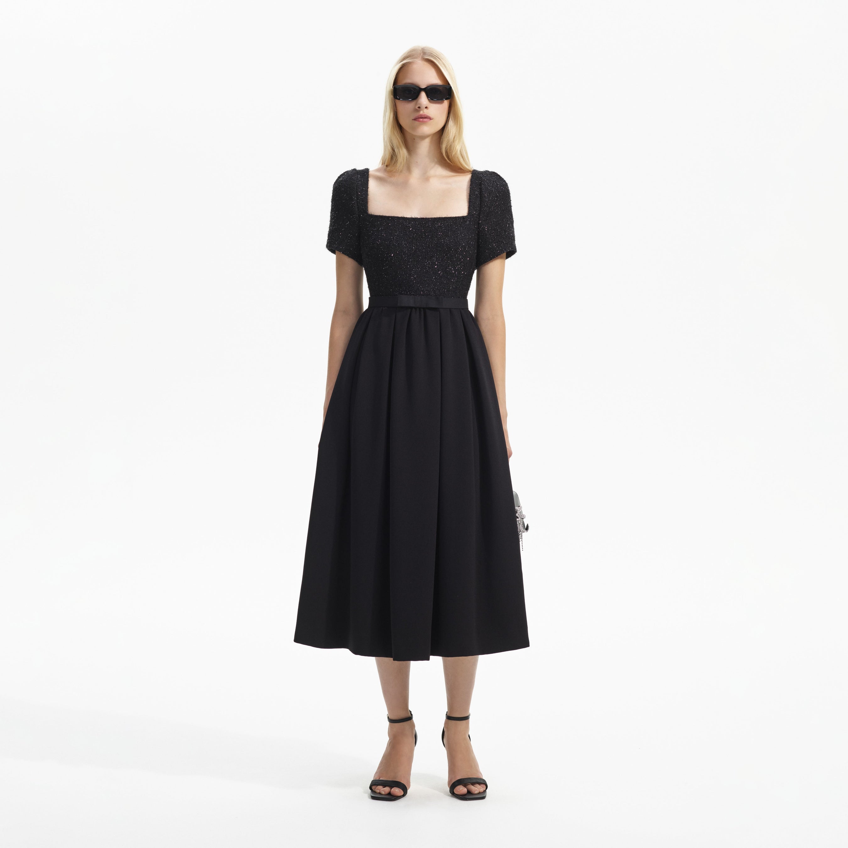 Black Boucle Square Neck Midi Dress