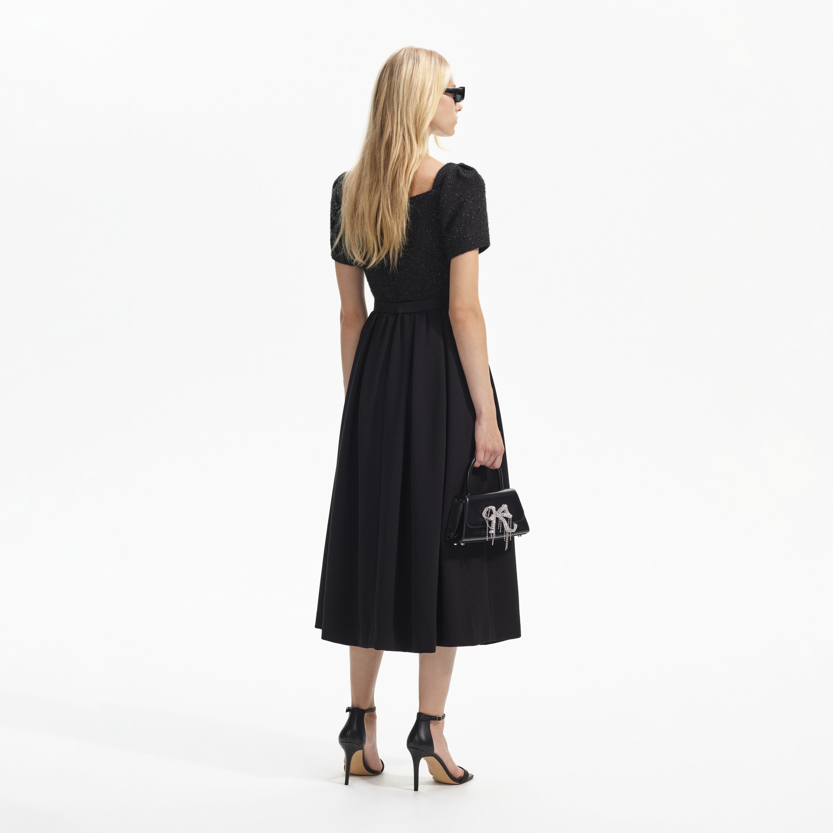 Black Boucle Square Neck Midi Dress