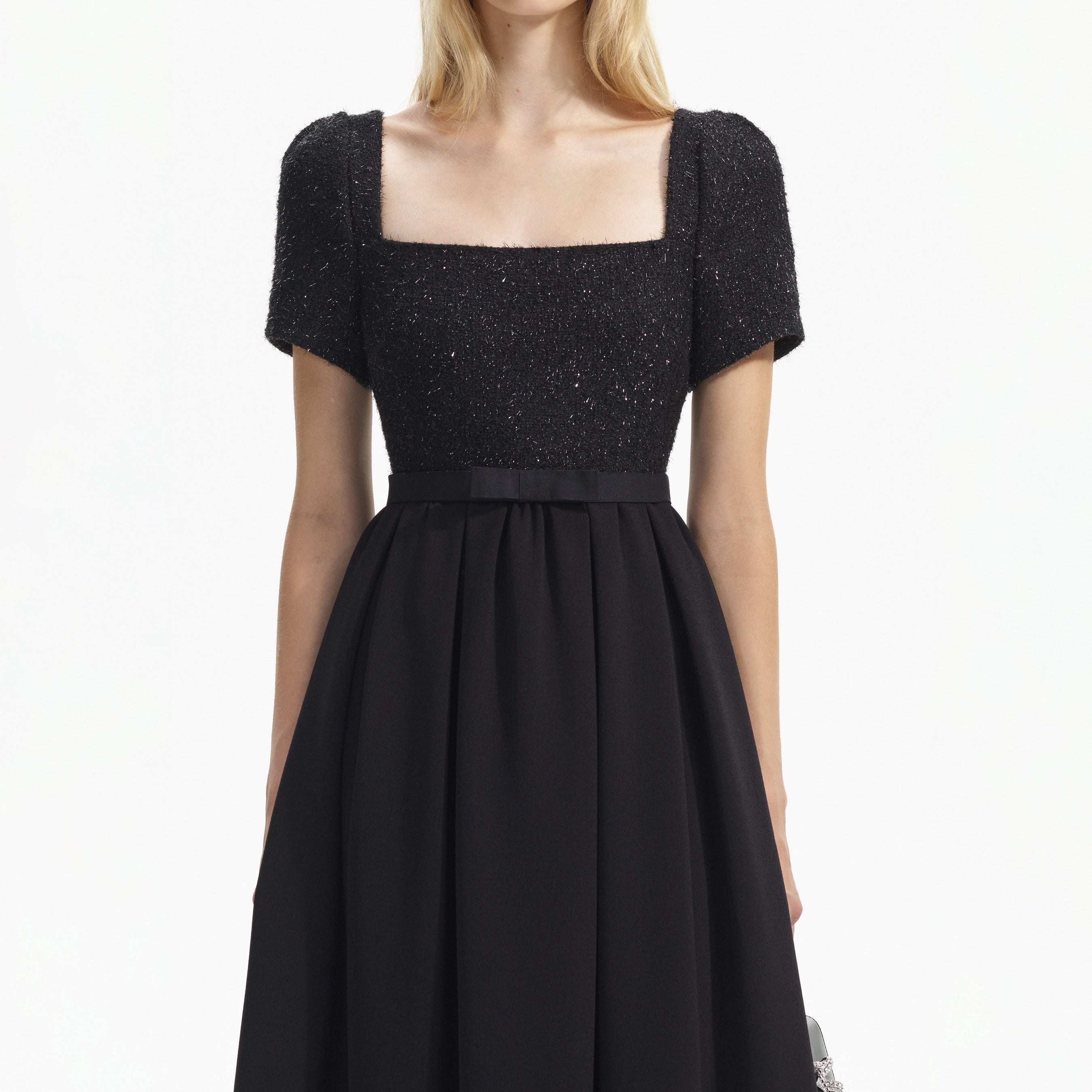 Black Boucle Square Neck Midi Dress