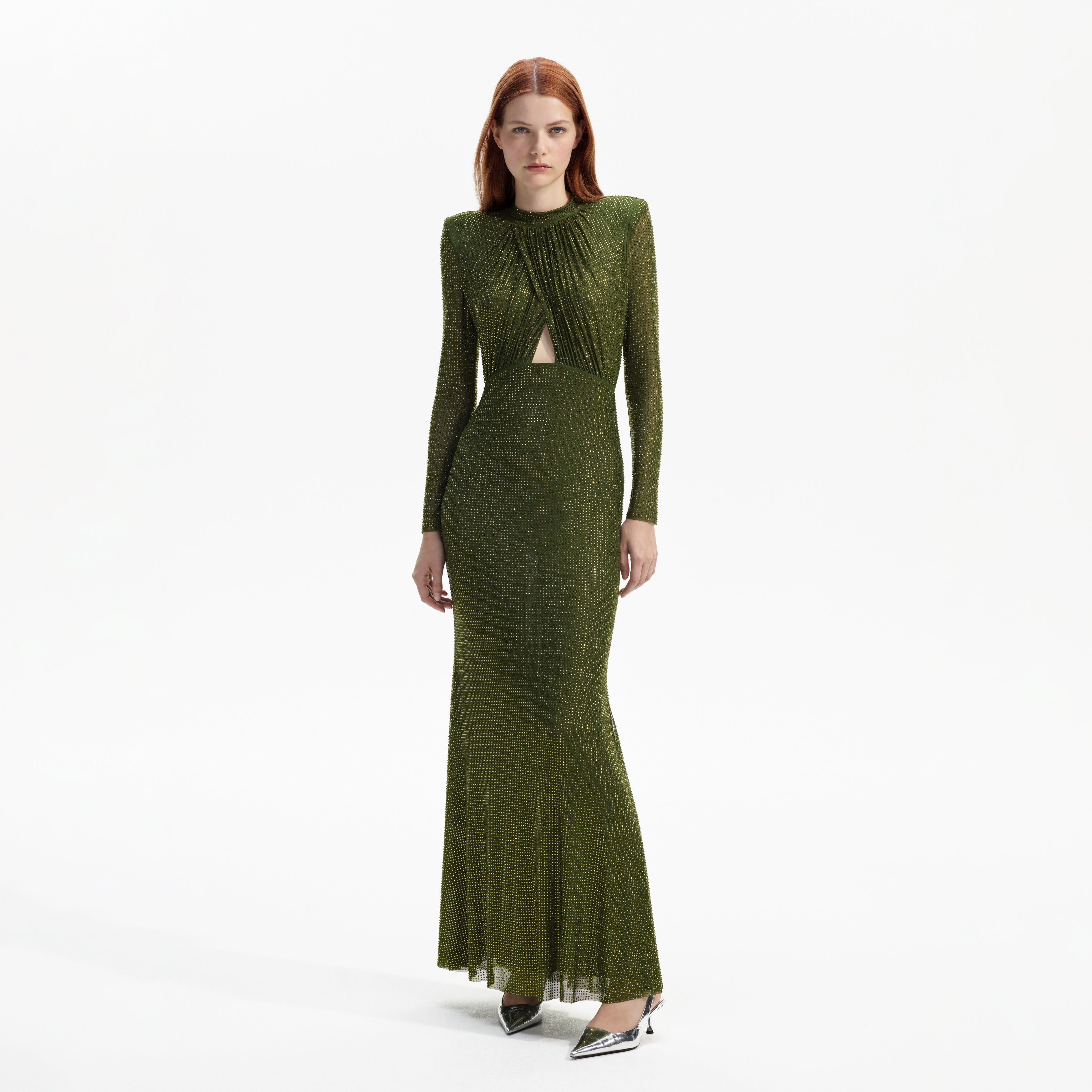 Olive Green Rhinestone Maxi Dress