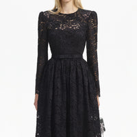 Black Cord Lace Long Sleeve Midi Dress