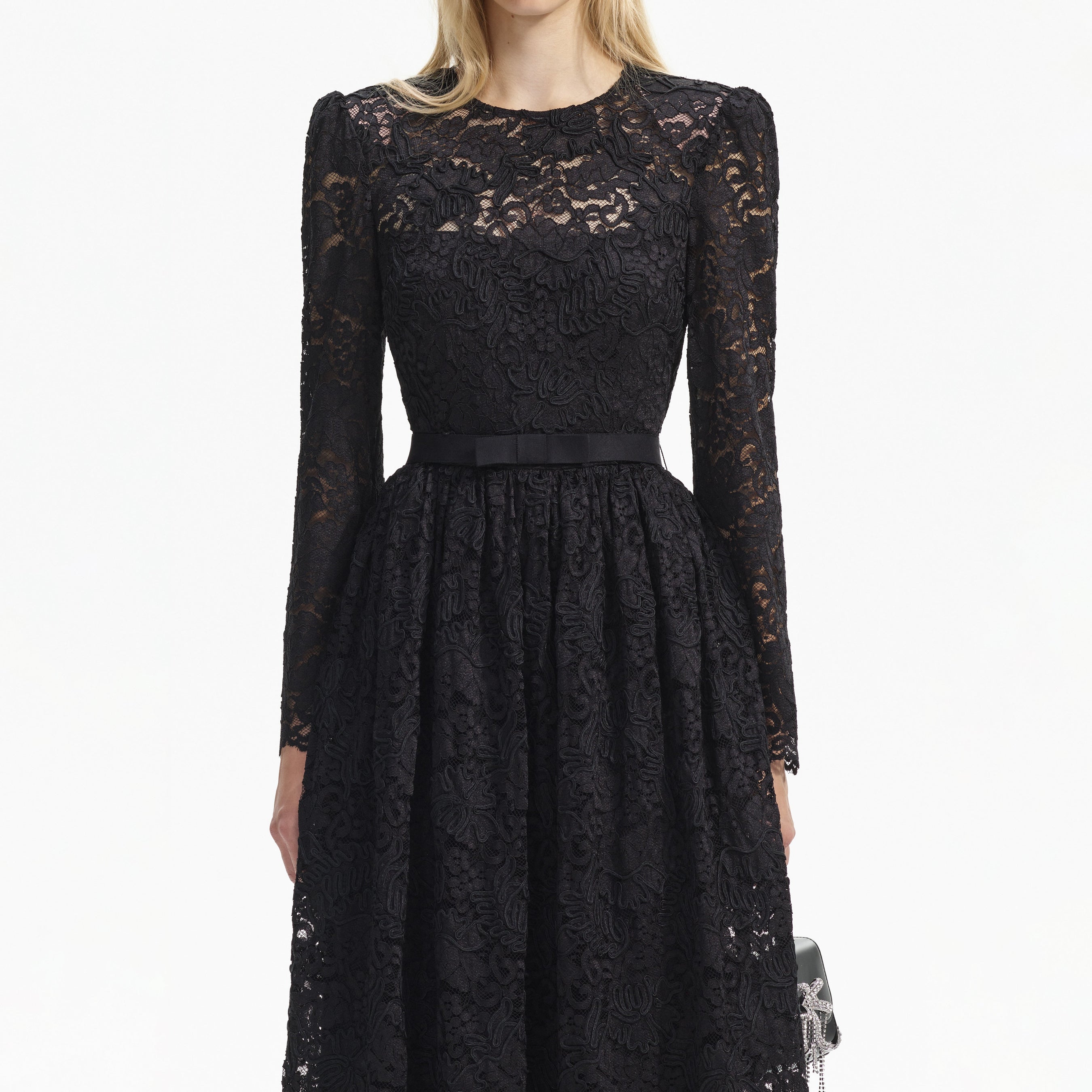 Black Cord Lace Long Sleeve Midi Dress