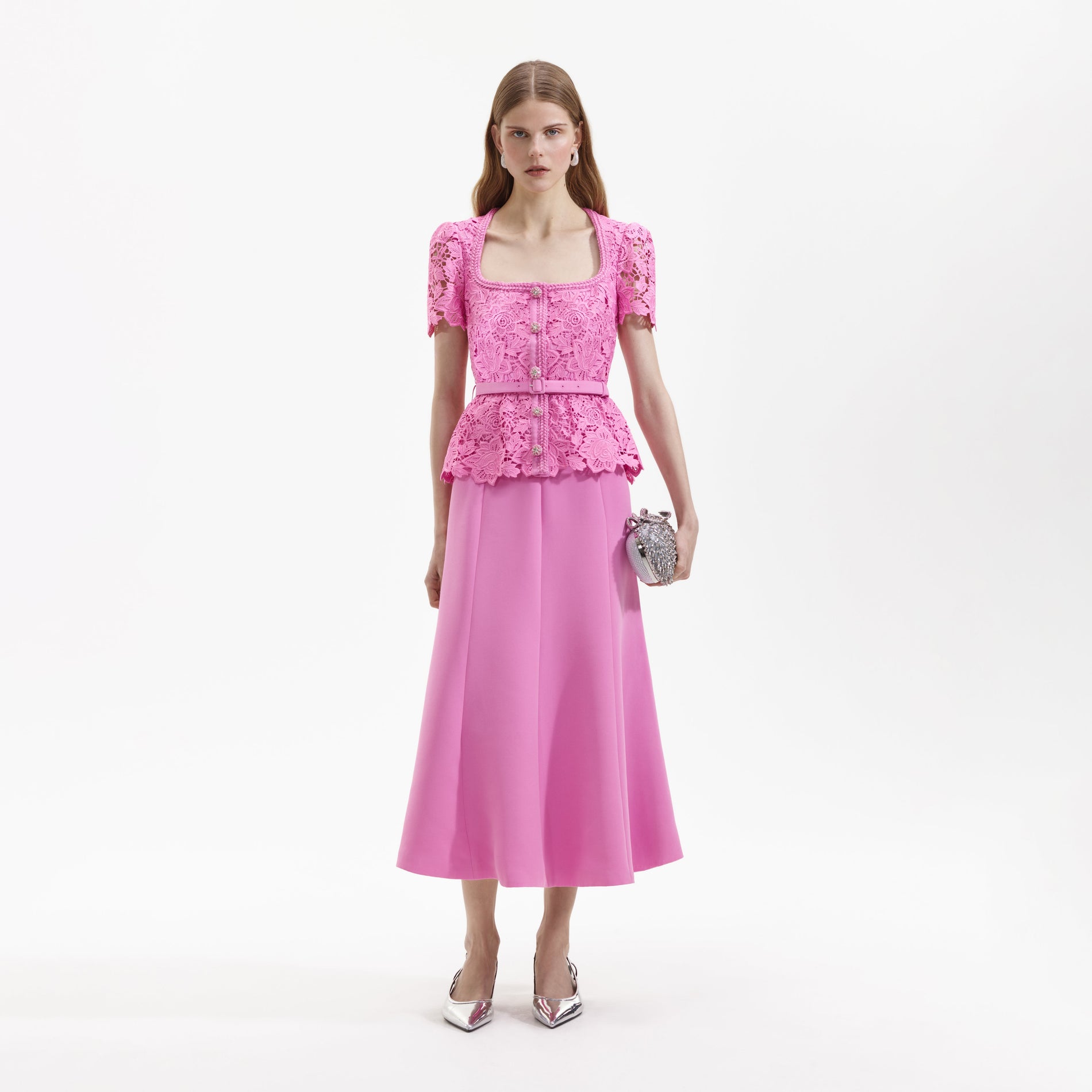 Pink Lace Tailored Midi Dress