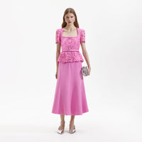 Pink Lace Tailored Midi Dress